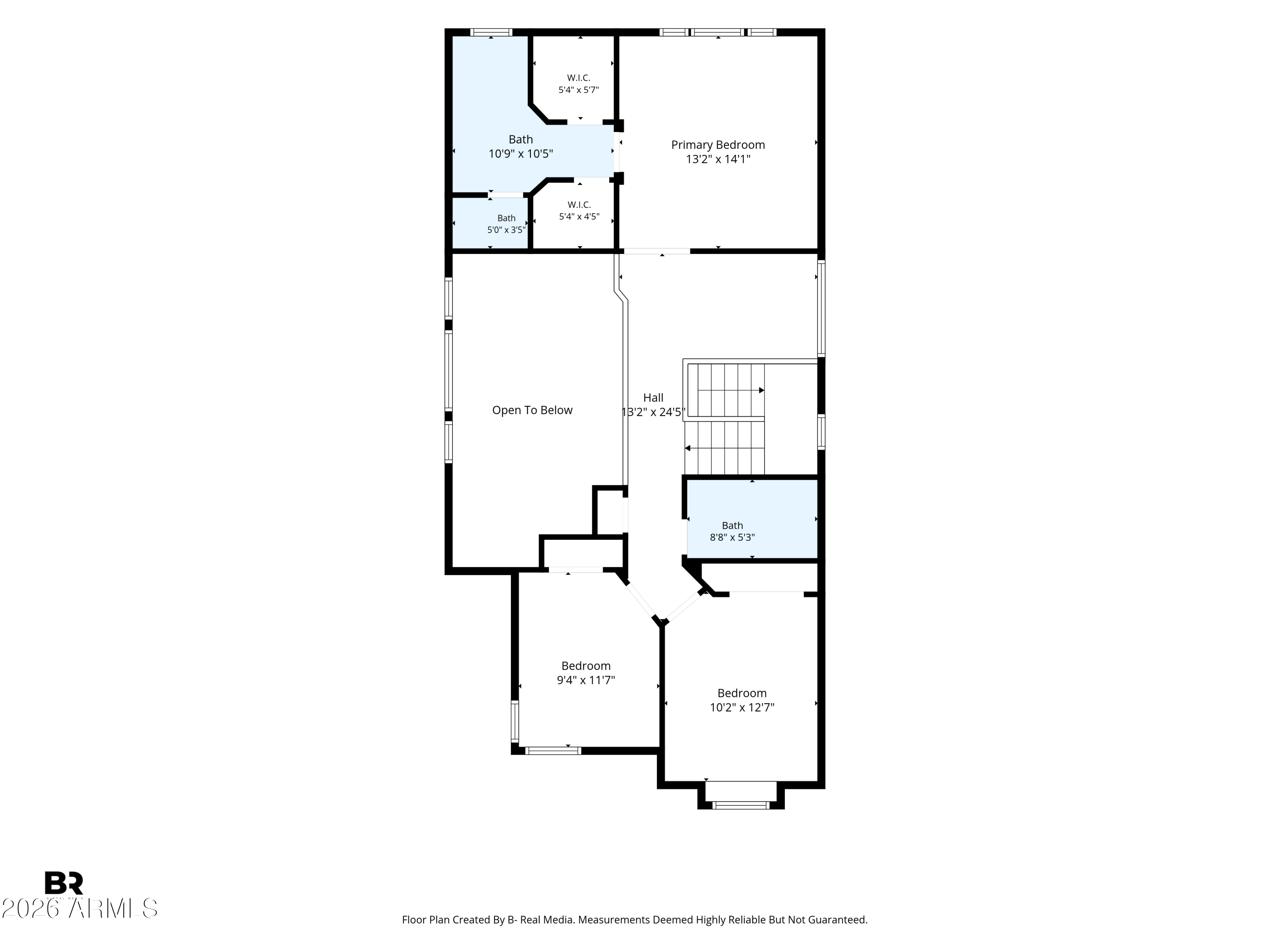 Second-floor plan with primary bedroom, two bedrooms, three baths, walk-in closets and an open-to-below area.