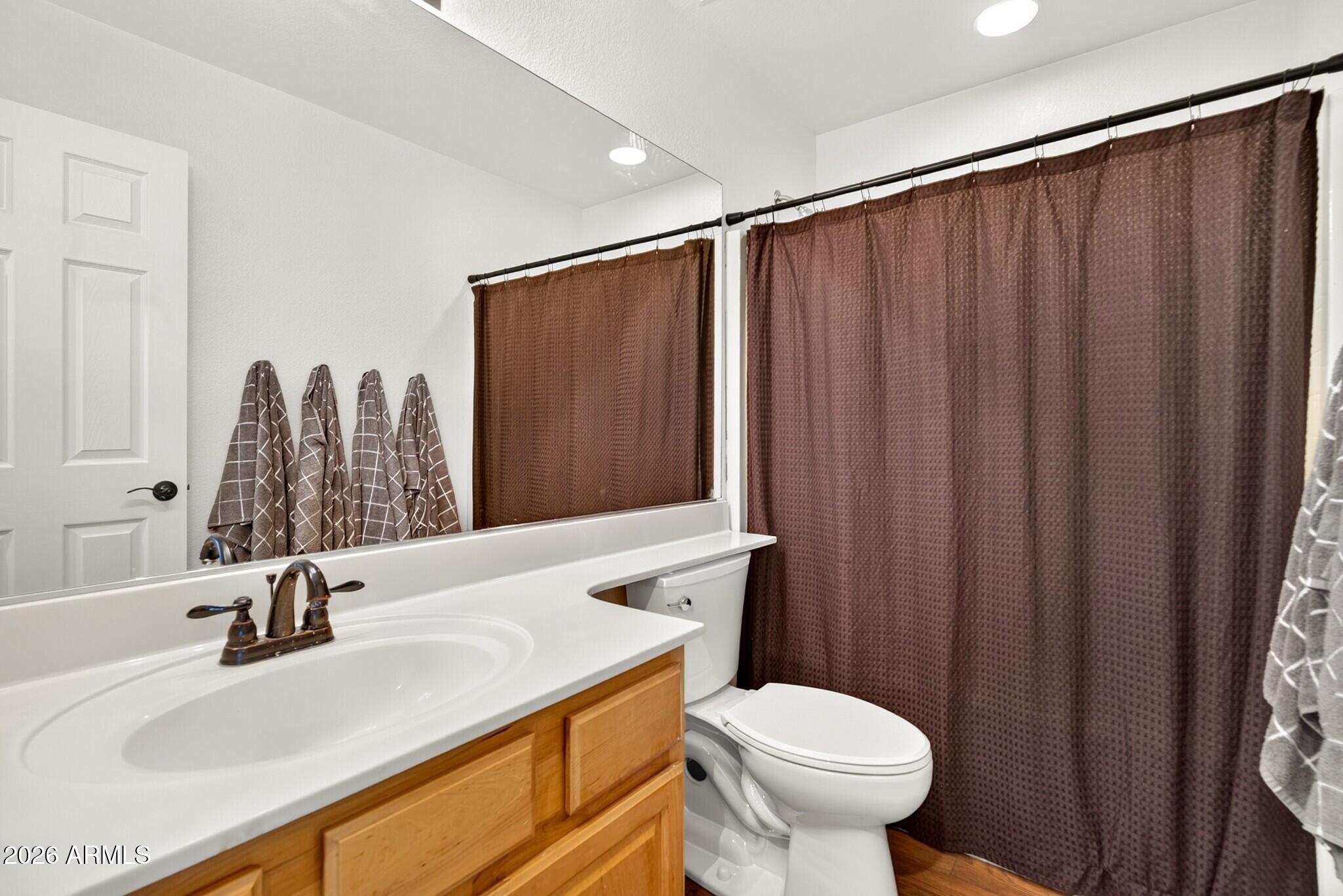 Bathroom with a wood vanity, large mirror, toilet, and brown shower curtain.