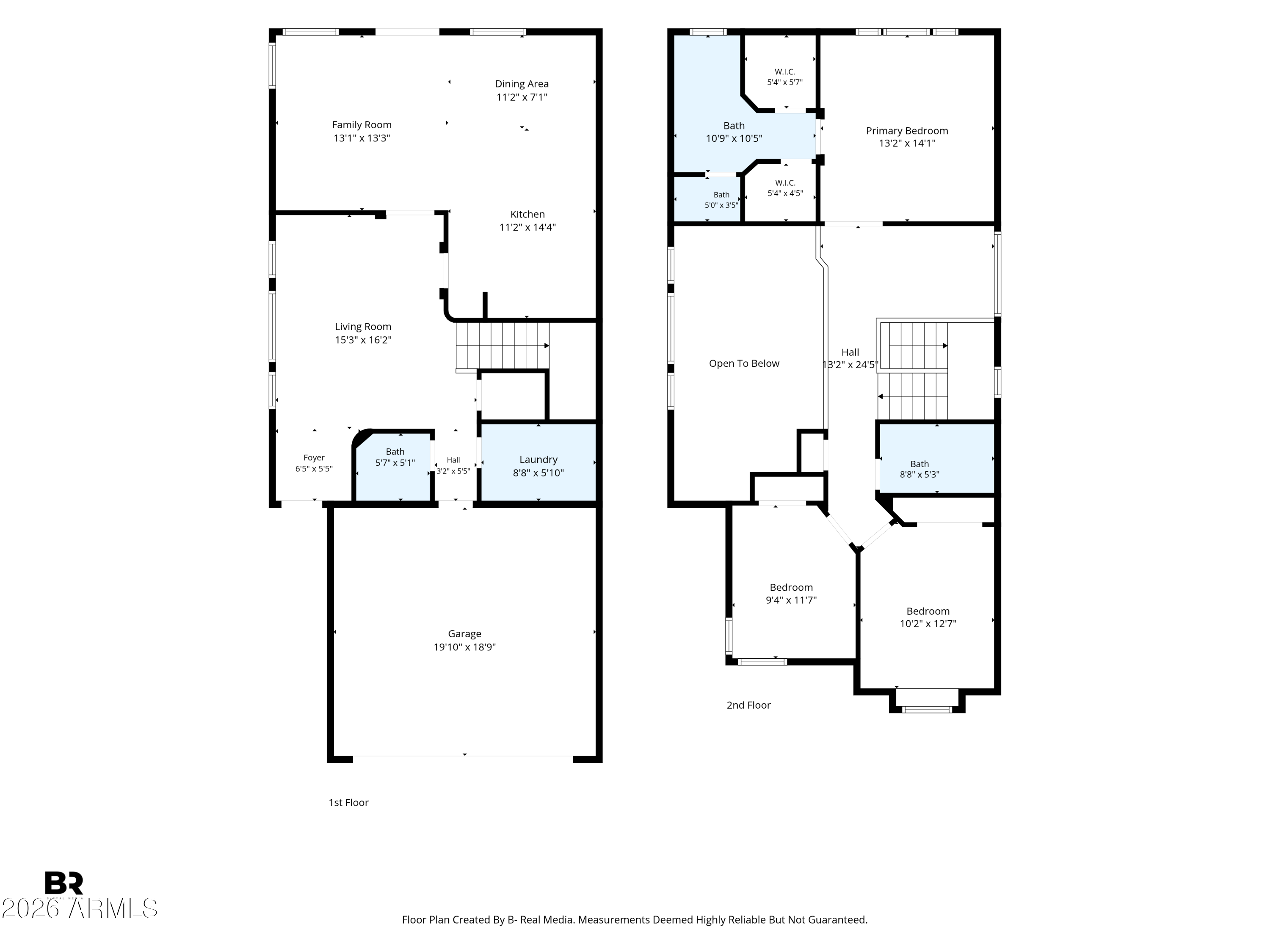 Two-story home floor plan with labeled rooms, dimensions, staircase, and garage.