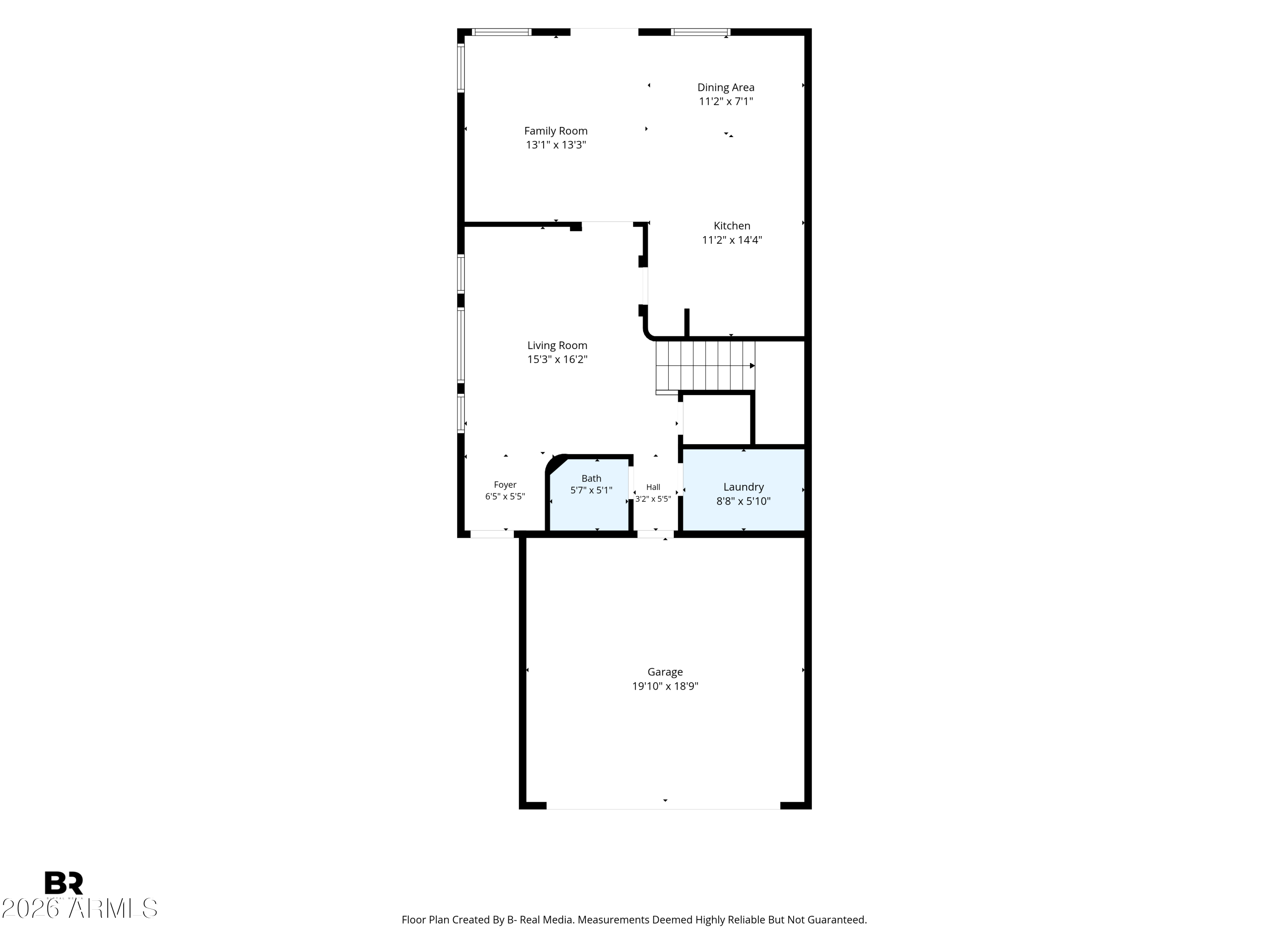 Floor plan showing the living spaces, kitchen, bath, laundry room, foyer, and garage.
