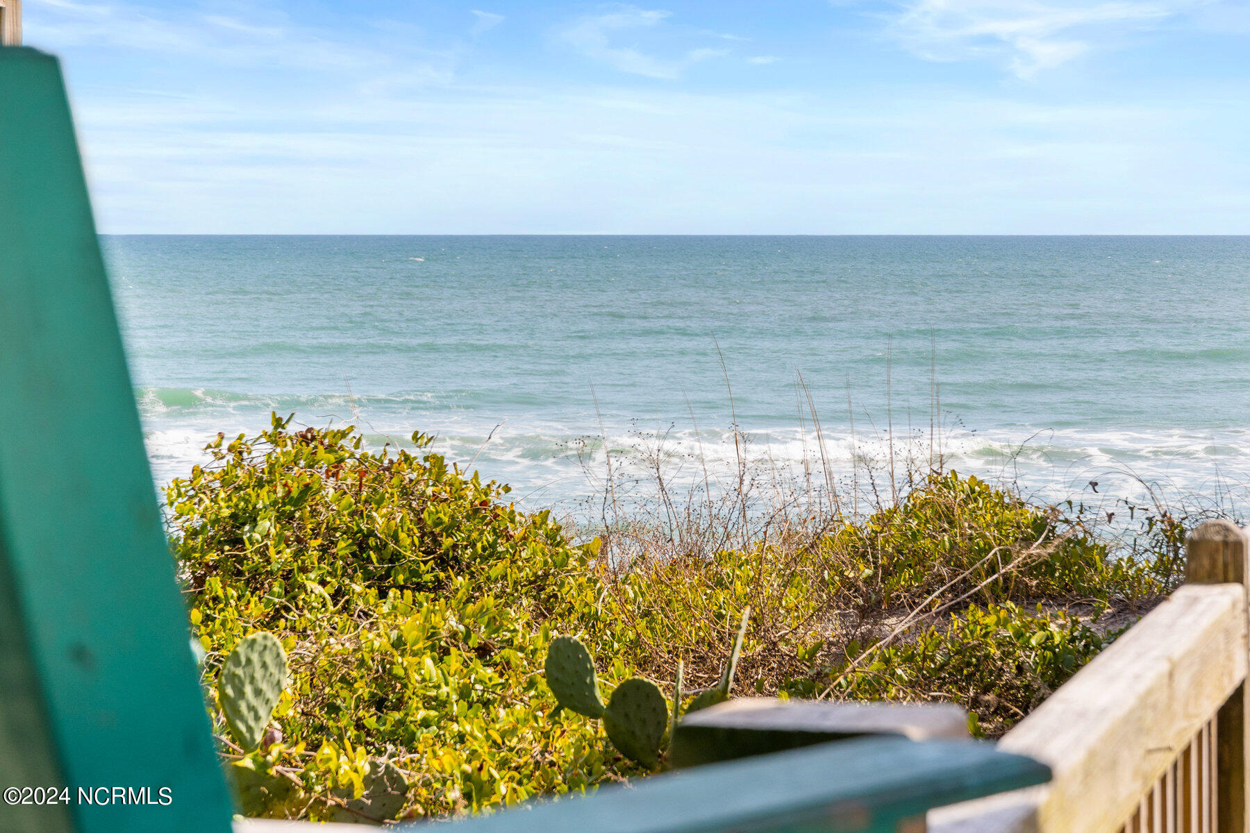 Ocean view beyond beach grasses, framed by a green railing and wooden fence.