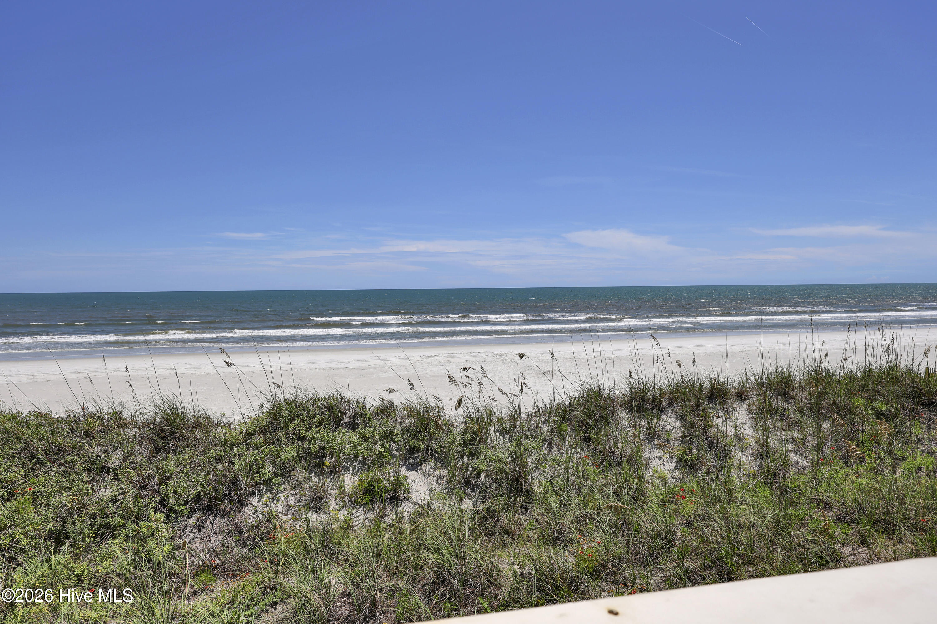 Ocean shoreline beyond dune grass and a wide sandy beach.