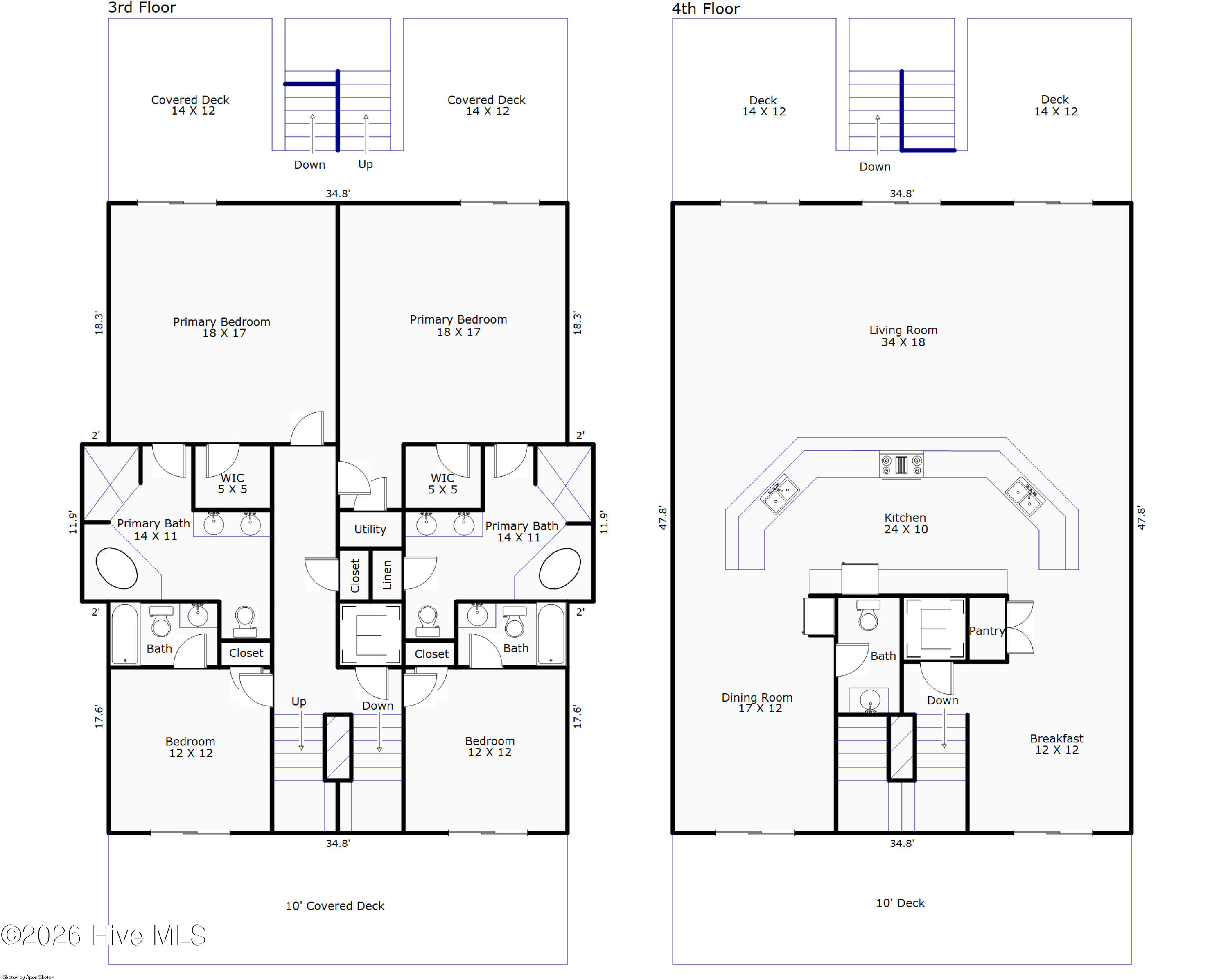 Third- and fourth-floor plans with bedrooms, covered decks, and an open living room and kitchen.