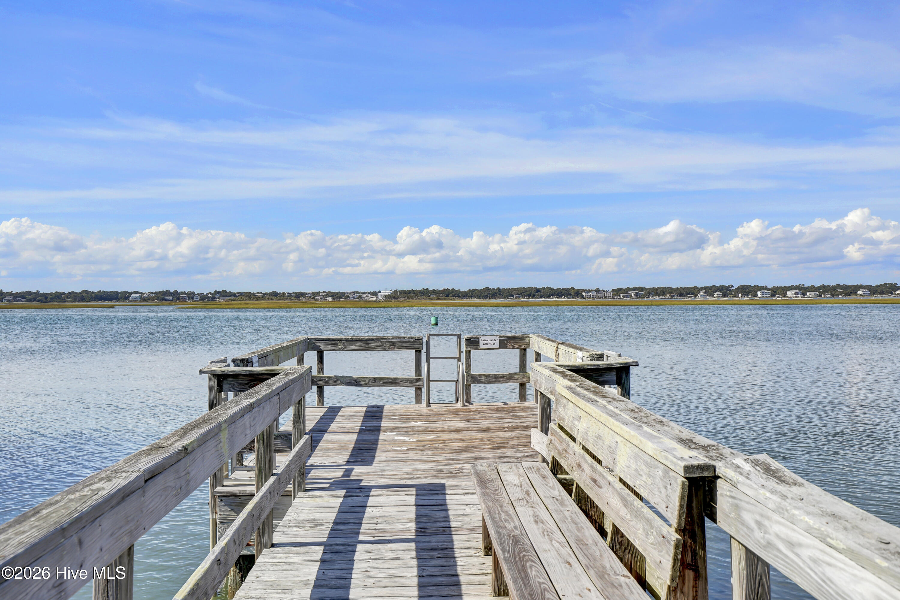 Wooden dock extends into calm water, with a swim ladder and distant shoreline.