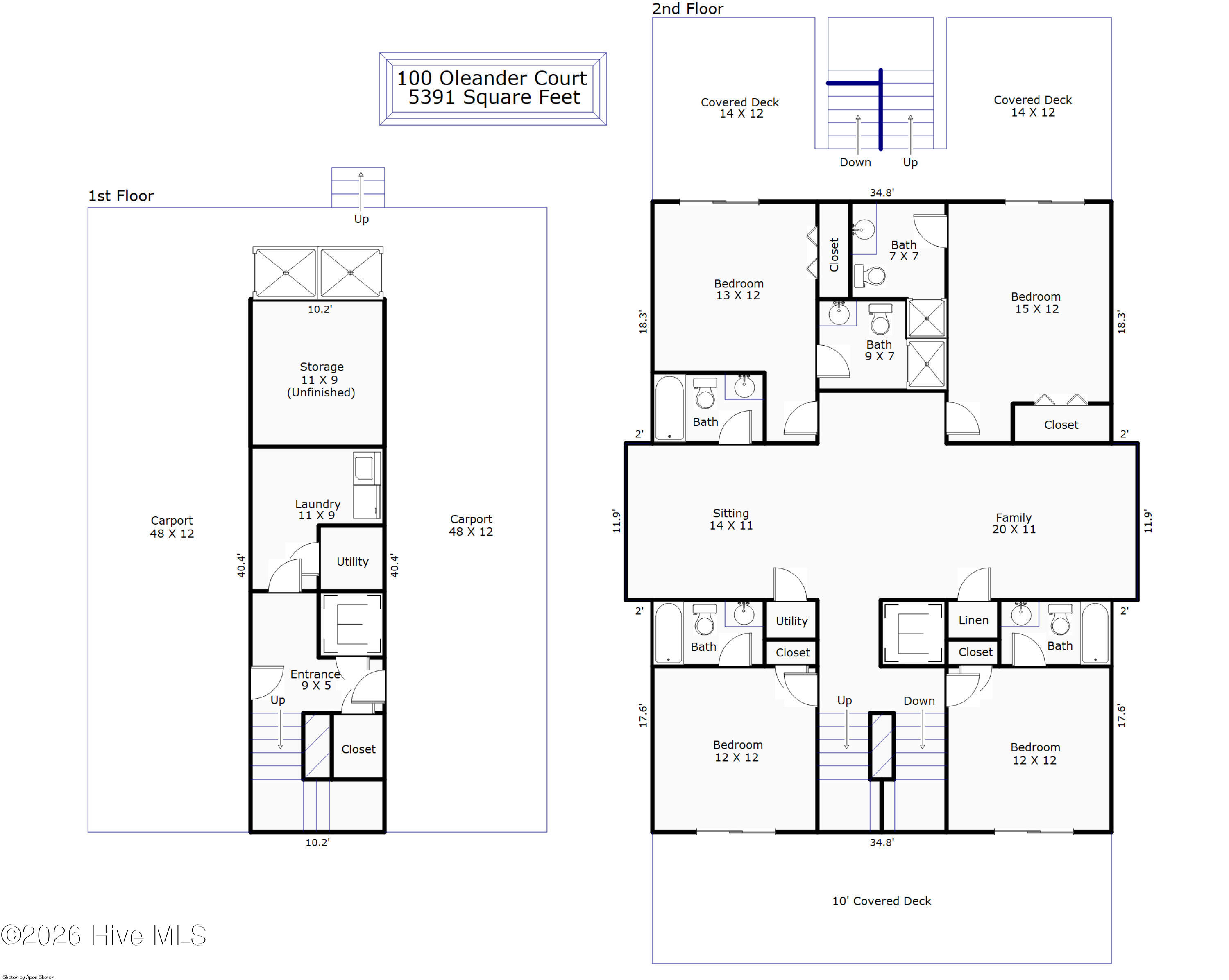 Two-floor floor plan for 100 Oleander Court, showing four bedrooms, living areas, carports, and covered decks.