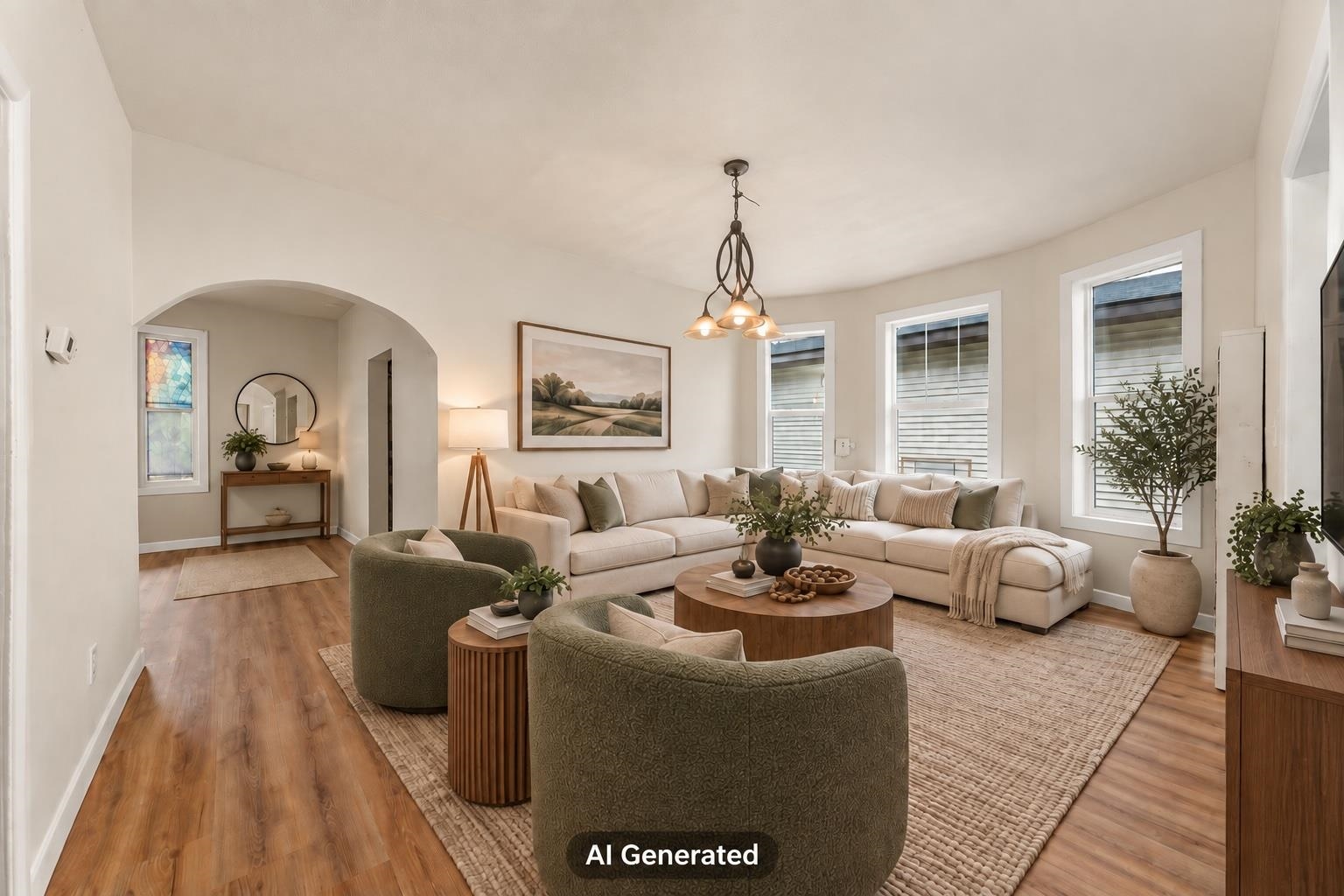 Staged living room with a cream sectional, olive-green armchairs, and an arched entry.