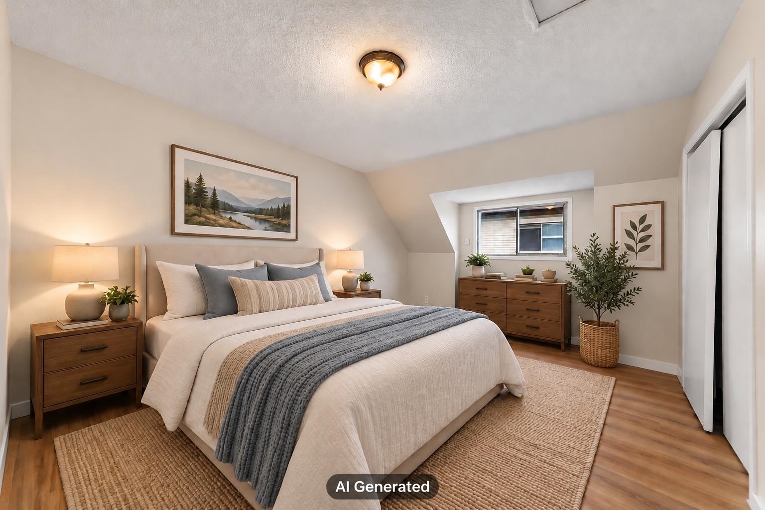 Staged bedroom with a large bed, wooden furniture, and a window beneath a sloped ceiling.