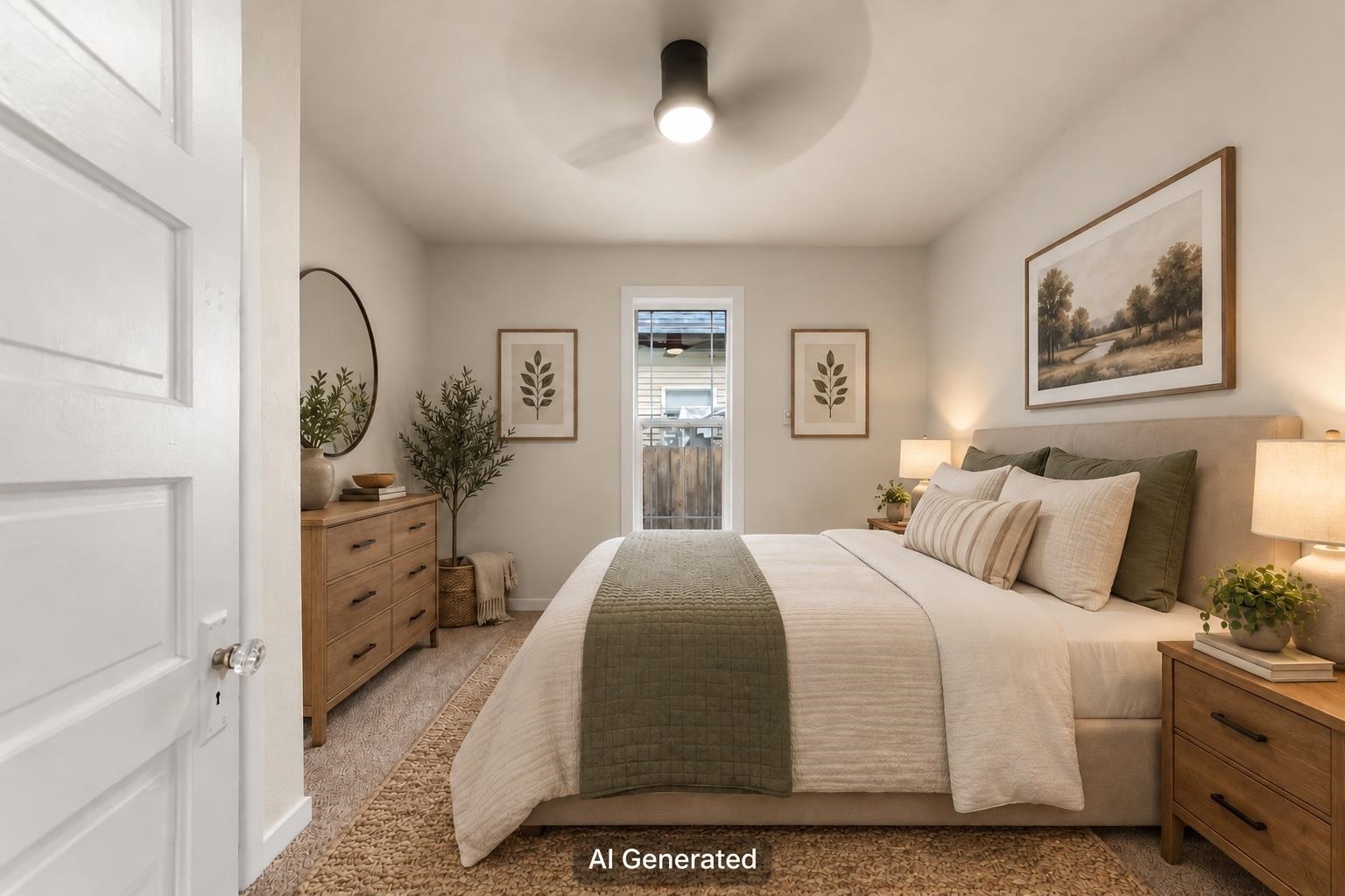 Staged bedroom with a large white bed, olive-green quilt, wood dressers, and framed botanical prints.