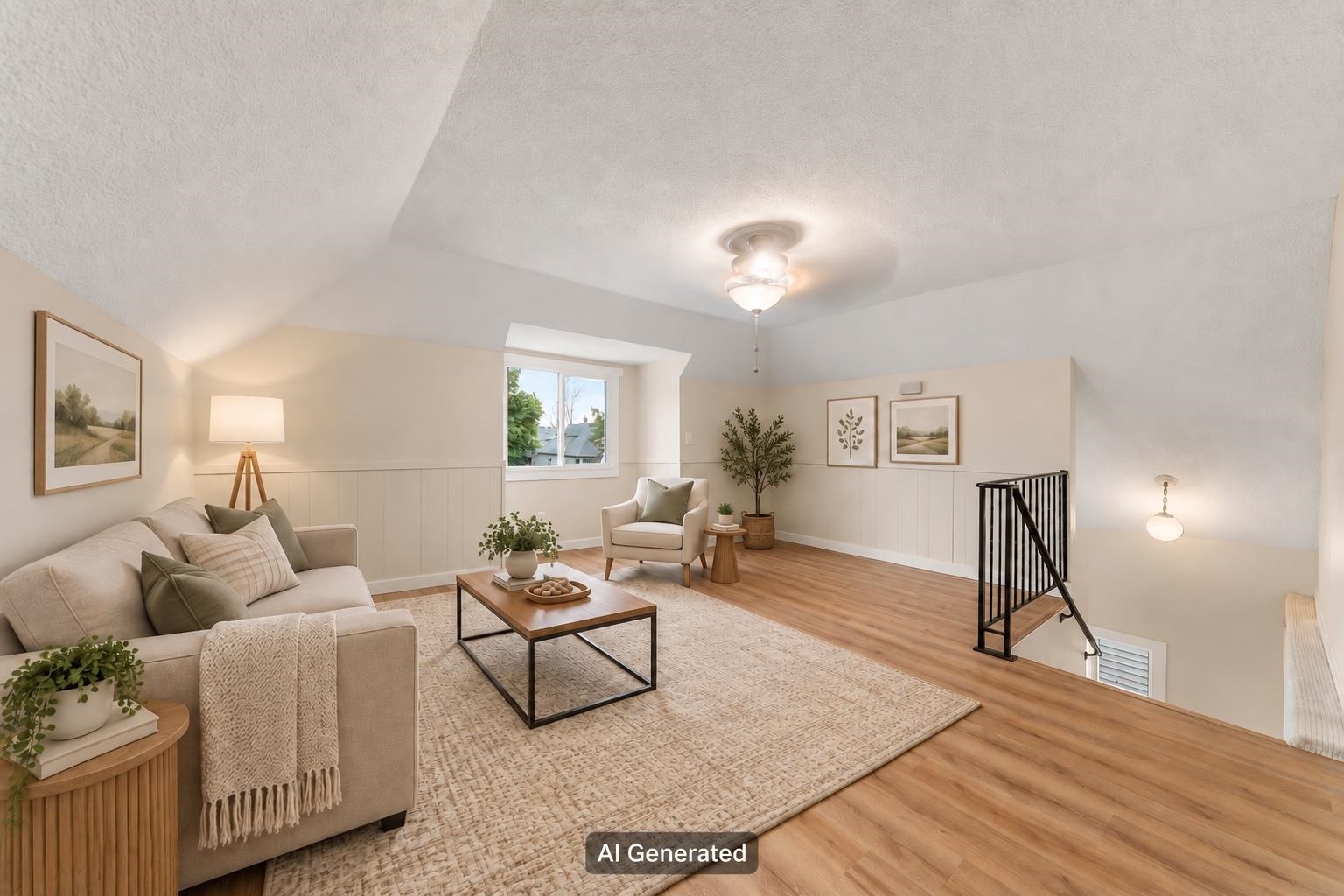 Staged living room with vaulted ceiling, wood floors, beige seating, and a black stair railing.