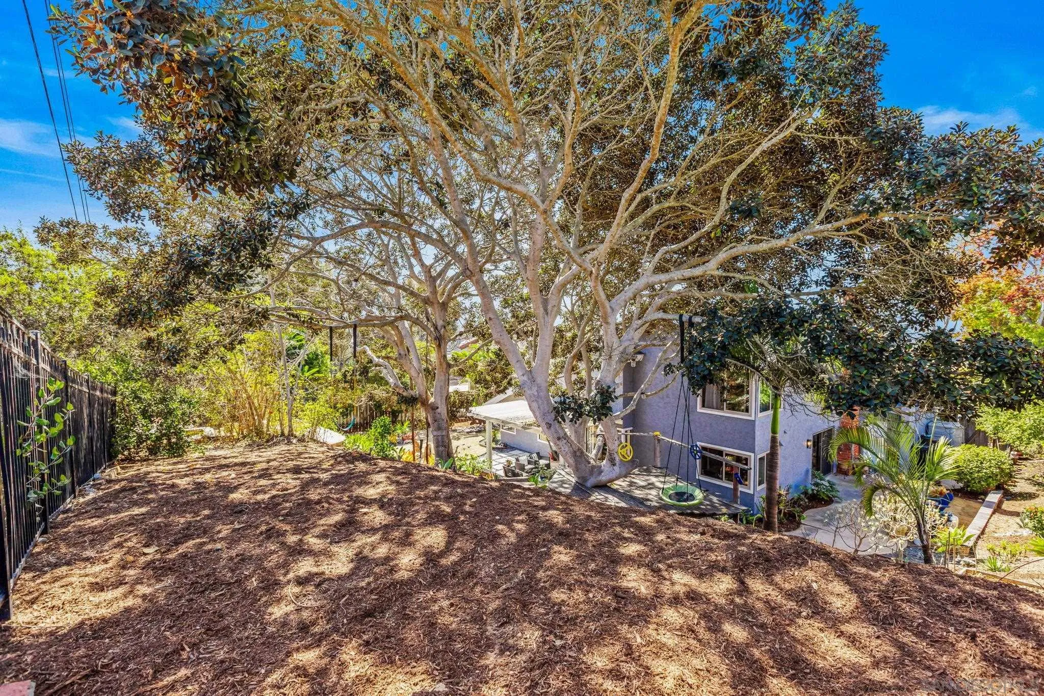 Sloped backyard with a large shade tree, mulch-covered ground, gray house, and hanging swings.