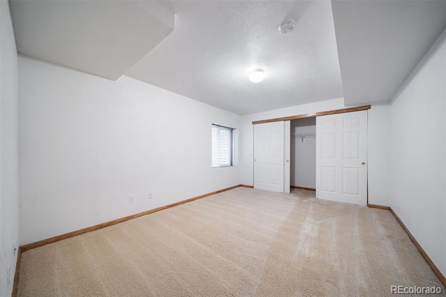 Empty carpeted bedroom with a small window and an open closet.