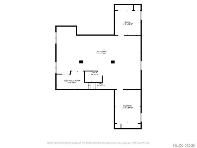 Basement floor plan with a large open area, bedroom, bathroom, room, hall, and electrical room.
