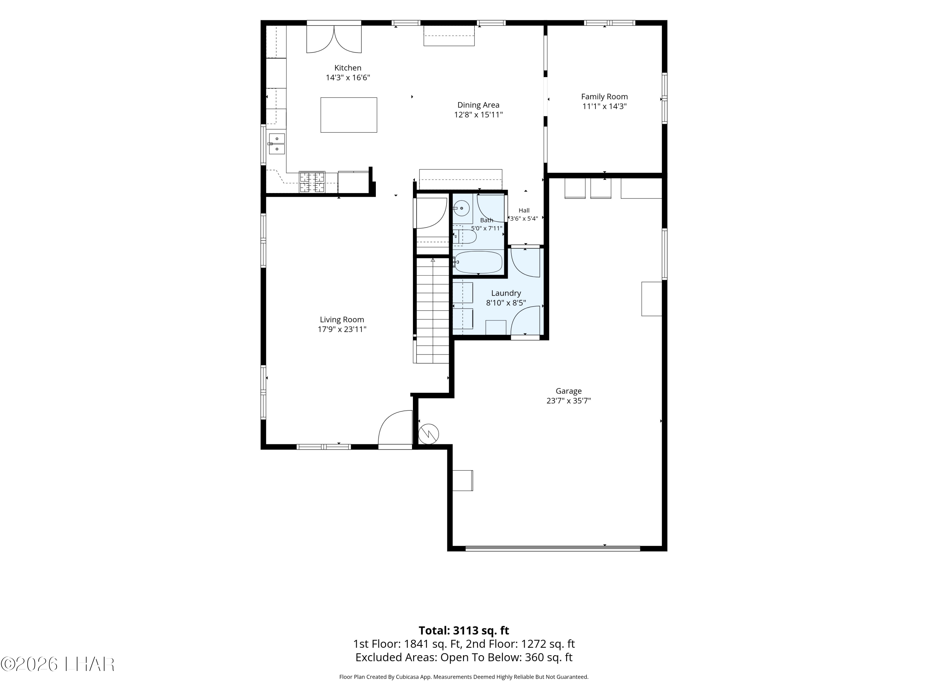 Two-story home floor plan with labeled living spaces, laundry, bath, and a large garage.