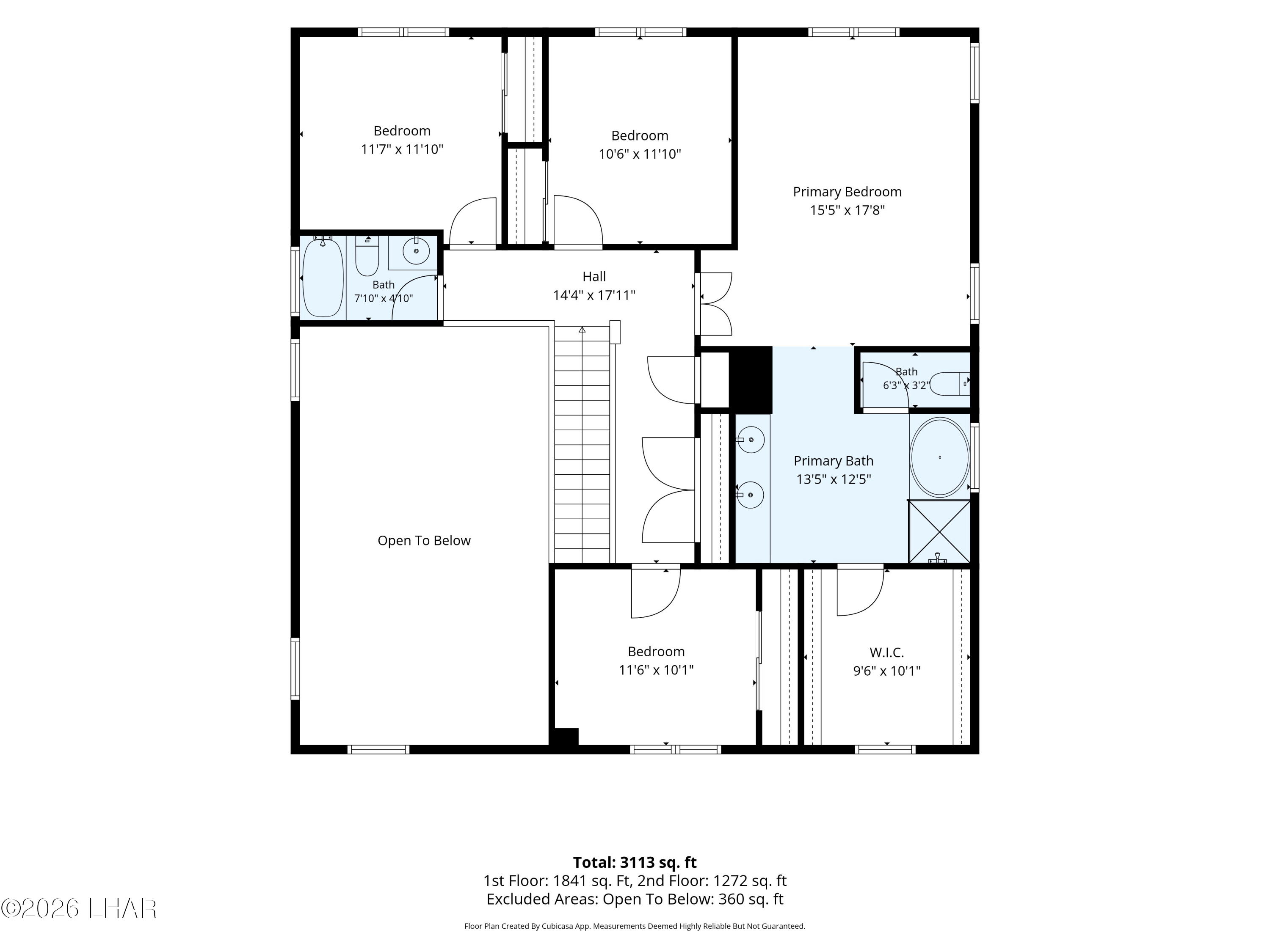 Two-level floor plan with three bedrooms, a primary bath and walk-in closet, and an open-to-below area.