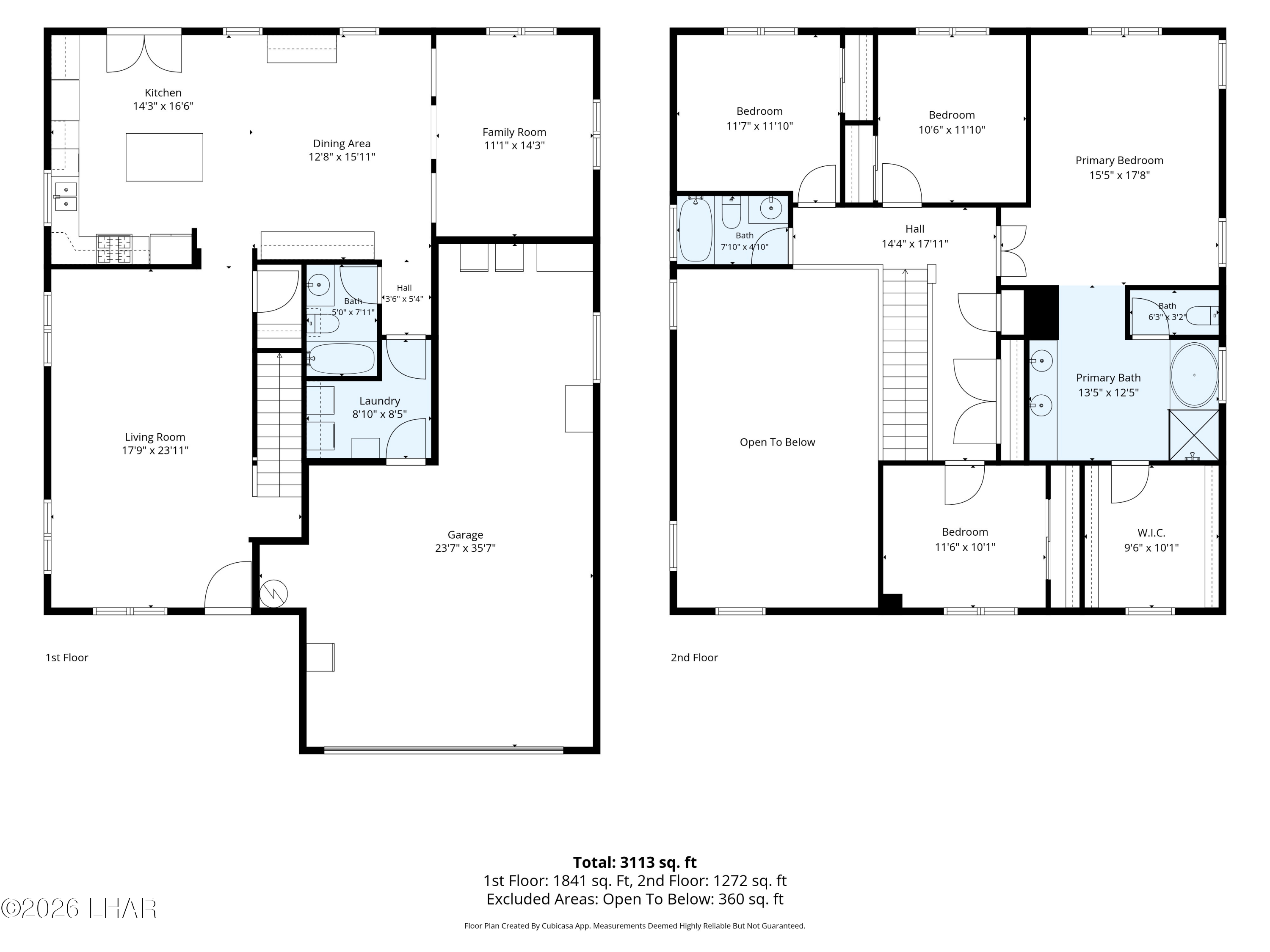 Two-story home floor plan with room labels, dimensions, garage, and open-to-below area.