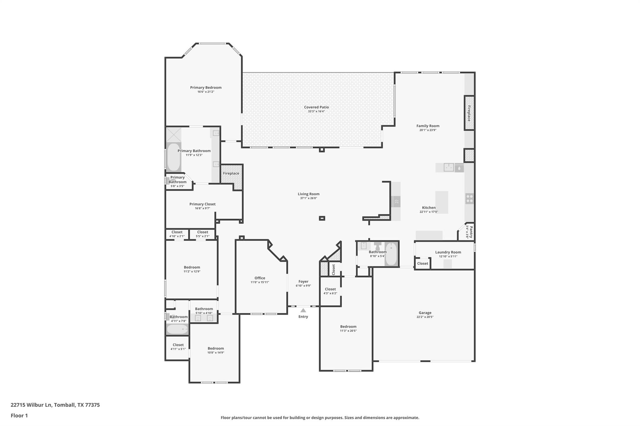 Floor plan showing bedrooms, living and family rooms, kitchen, office, garage, and covered patio.