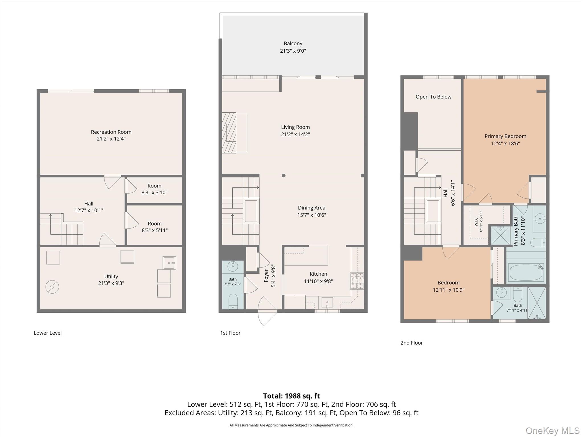 Three-level floor plan showing room layouts, dimensions, and a total area of 1,988 square feet.