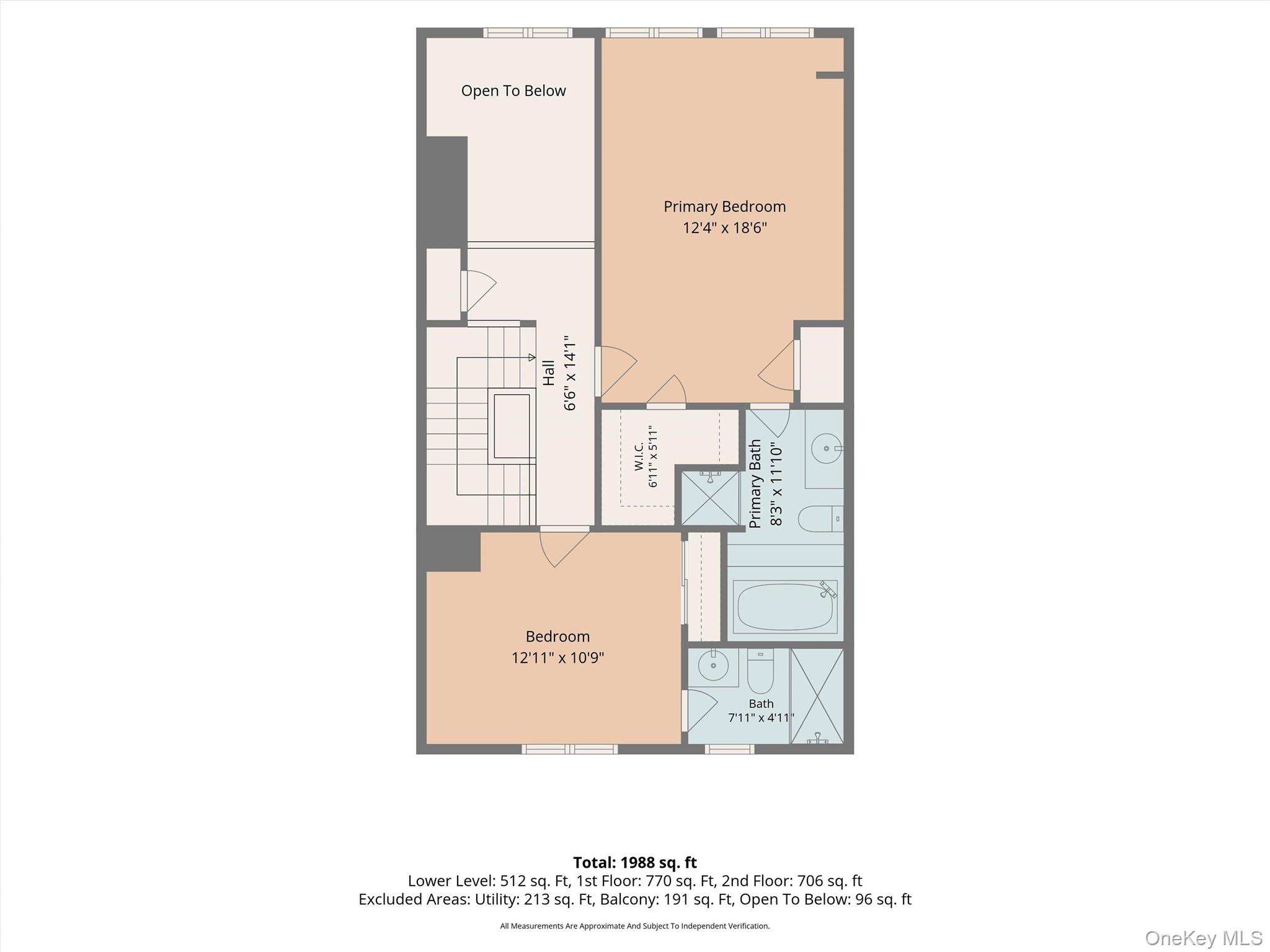 Floor plan showing a primary bedroom, bedroom, two baths, and a total area of 1,988 square feet.
