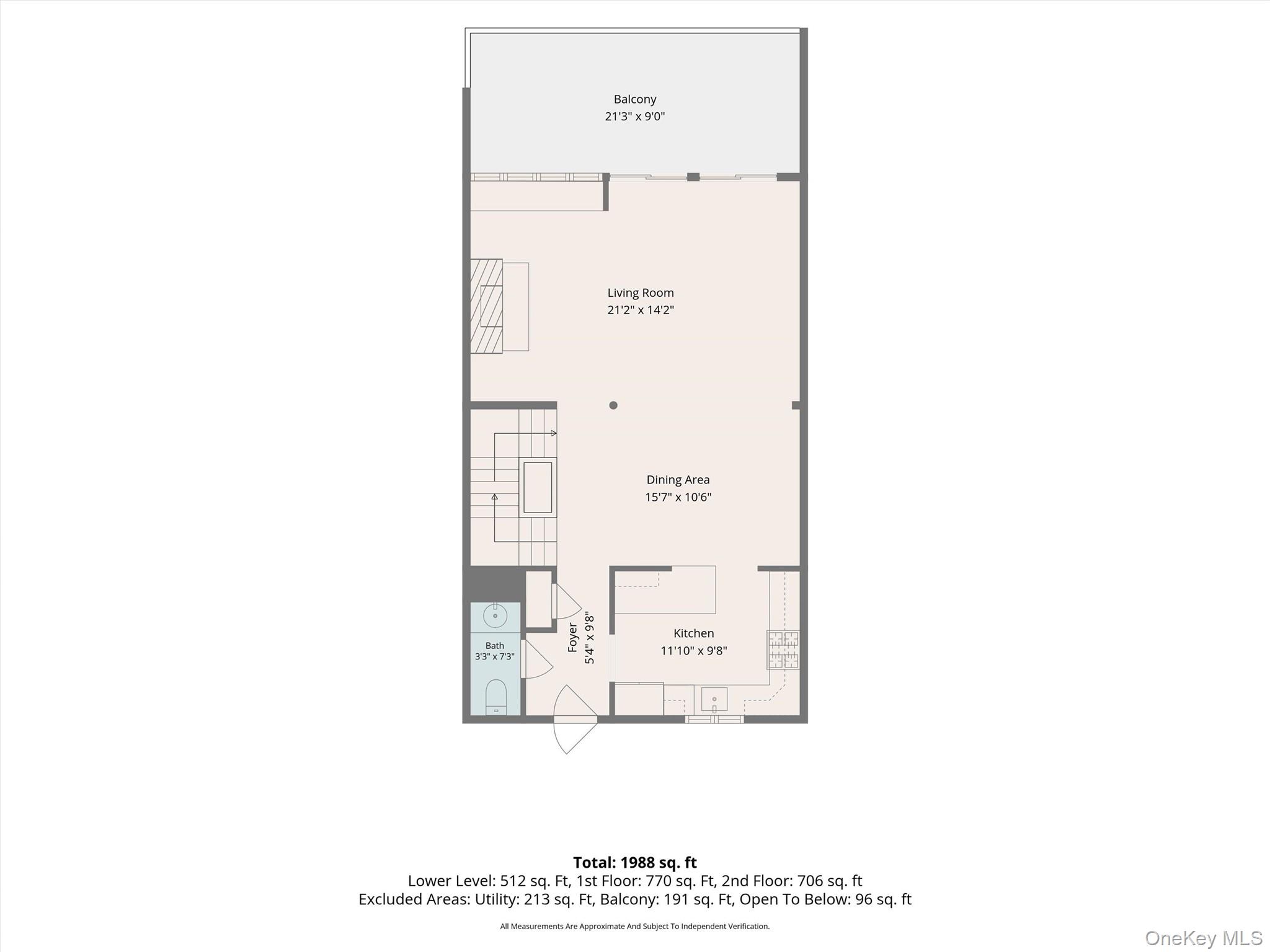 Floor plan showing the living room, dining area, kitchen, bath, foyer, and balcony.