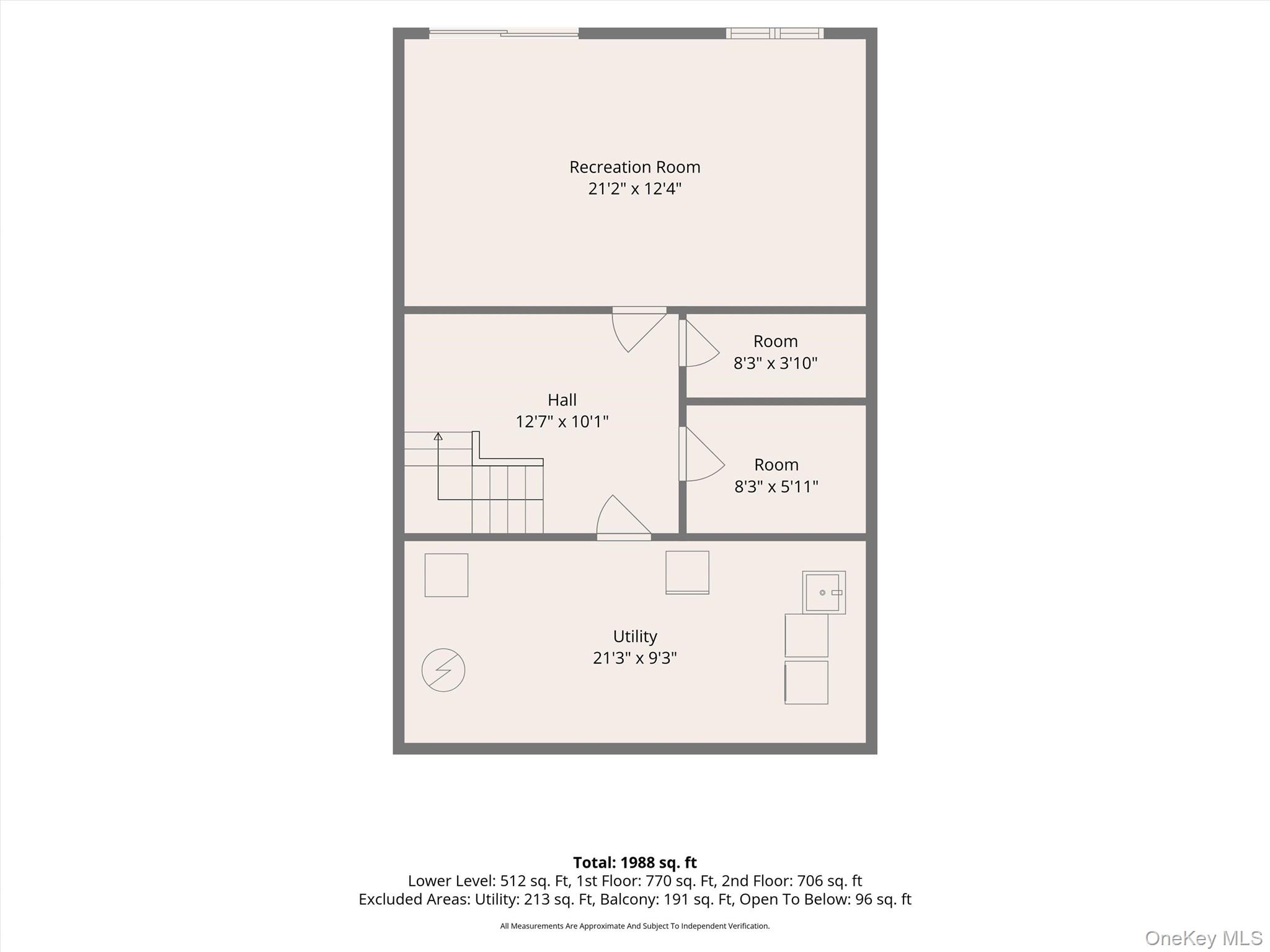Floor plan showing a recreation room, hall, two rooms, and utility area with dimensions.