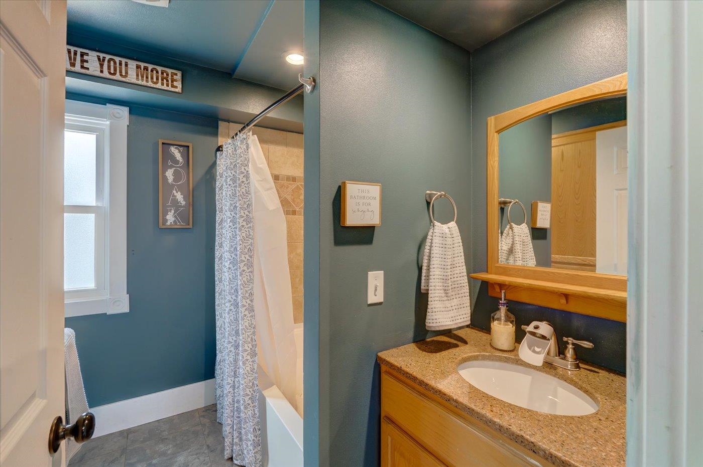 Bathroom with a wood vanity and large mirror beside a tub-shower with a patterned curtain.