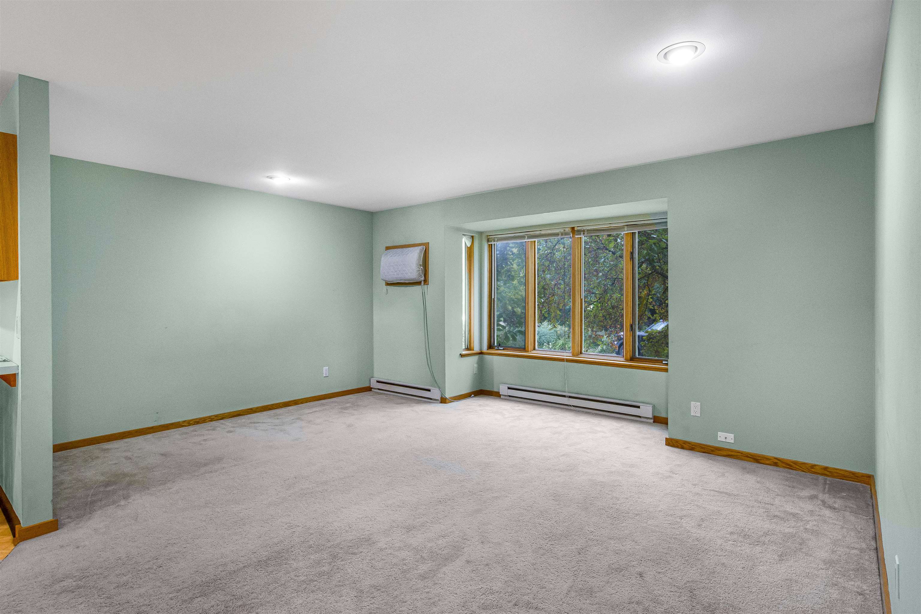Empty living room with a wide wood-framed window overlooking leafy trees.