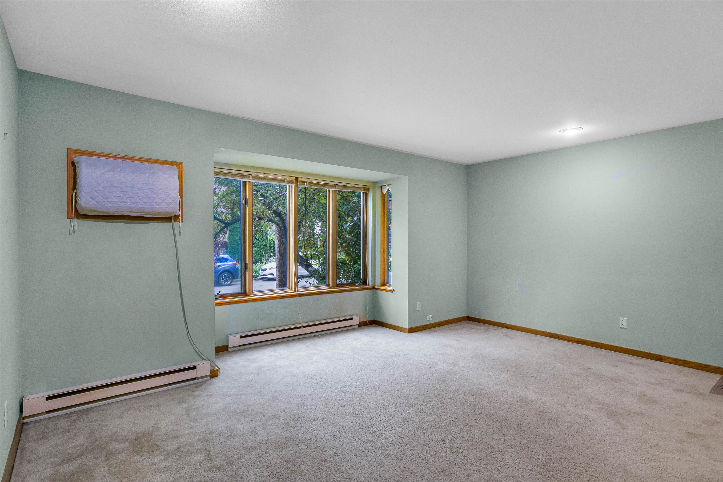 Vacant carpeted room with a wide window overlooking leafy trees and a folded wall-mounted mattress.