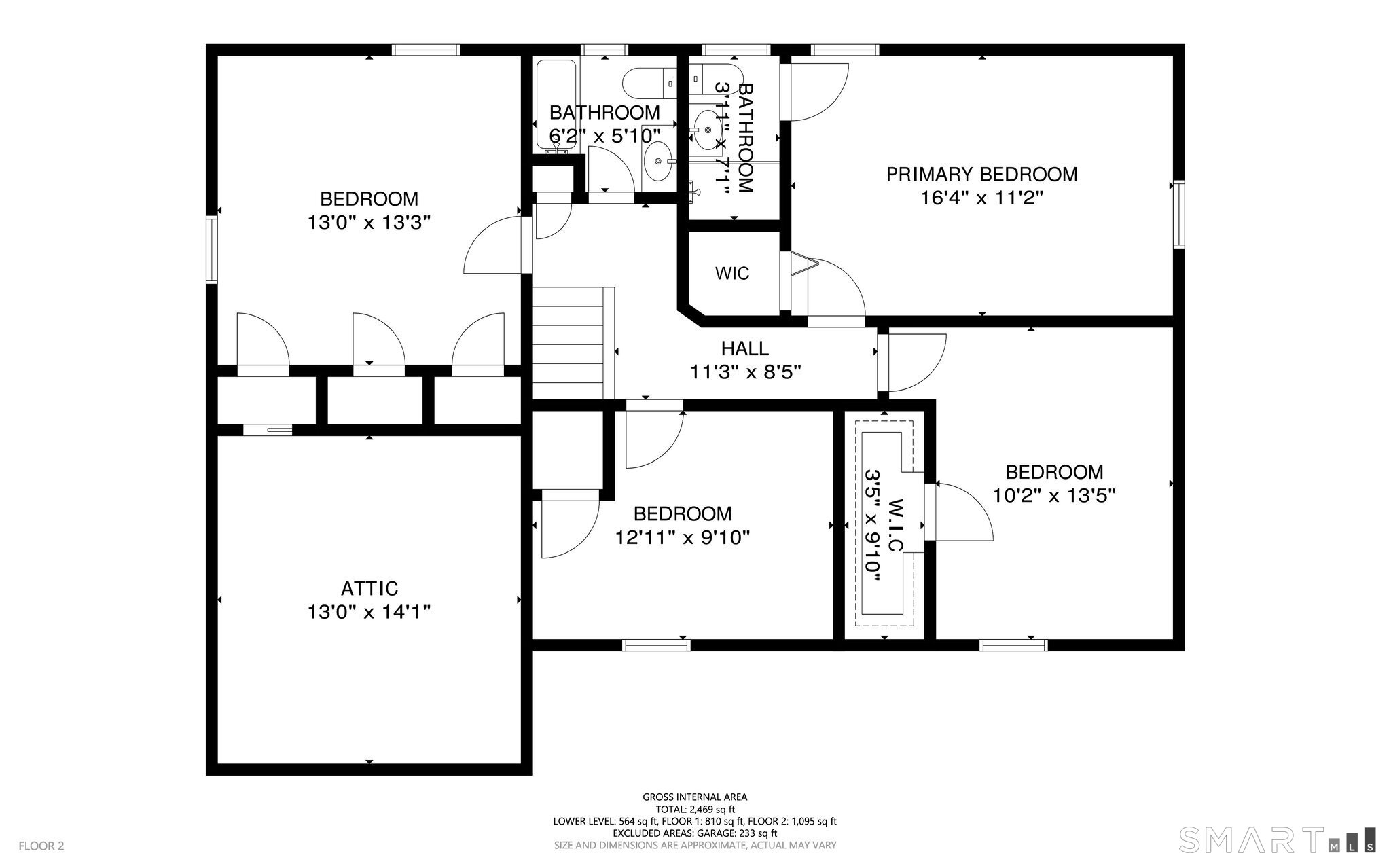 Second-floor floor plan with a primary bedroom, three bedrooms, two bathrooms, attic, hall, and walk-in closets.