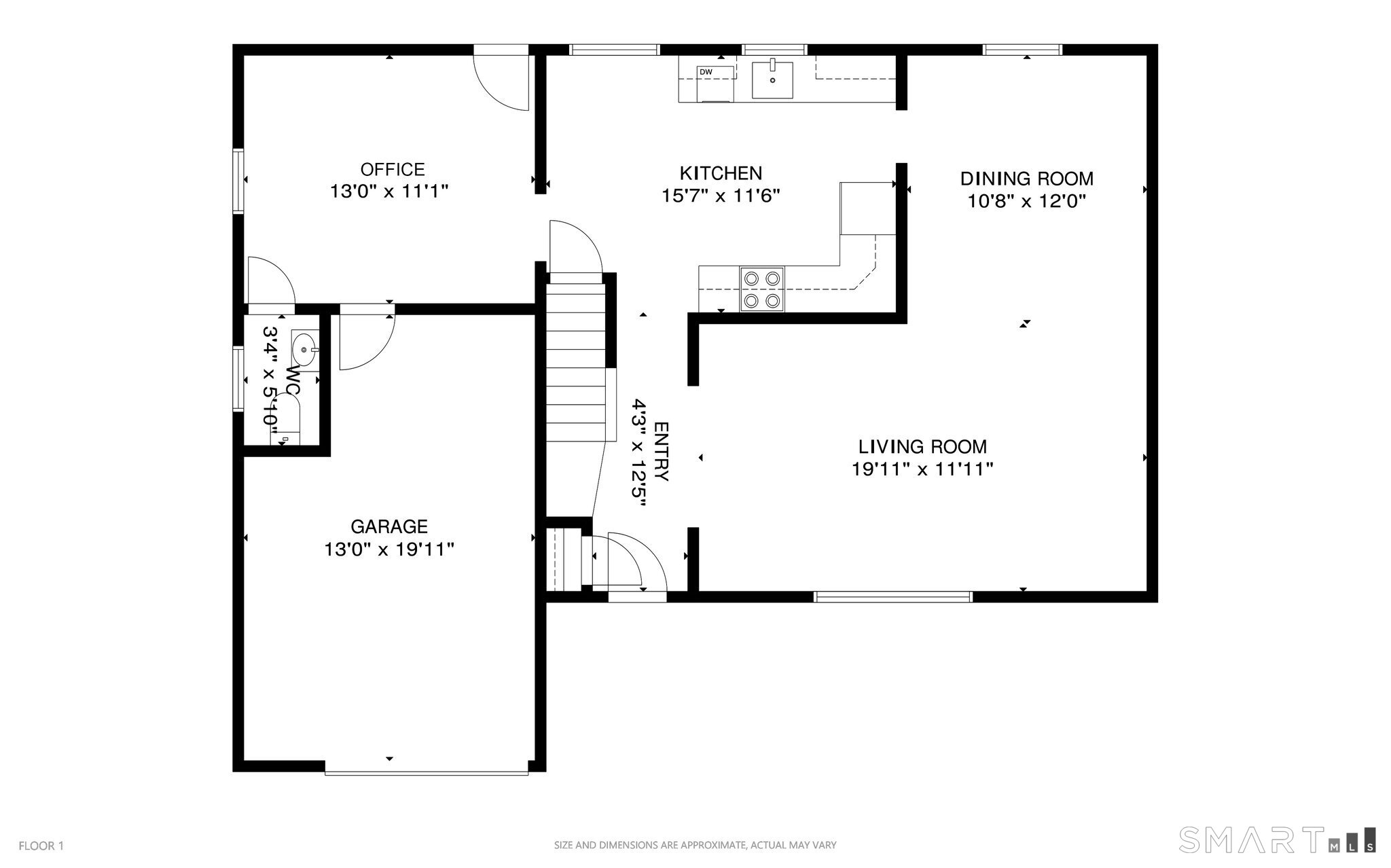 First-floor plan showing the office, kitchen, dining room, living room, entry, WC, and garage.