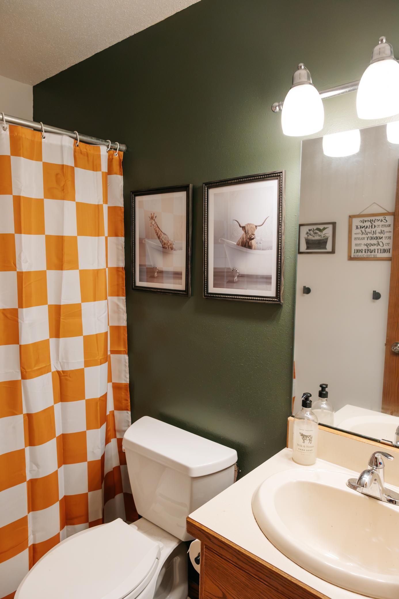 Bathroom with an orange-and-white checkerboard shower curtain and dark green wall.