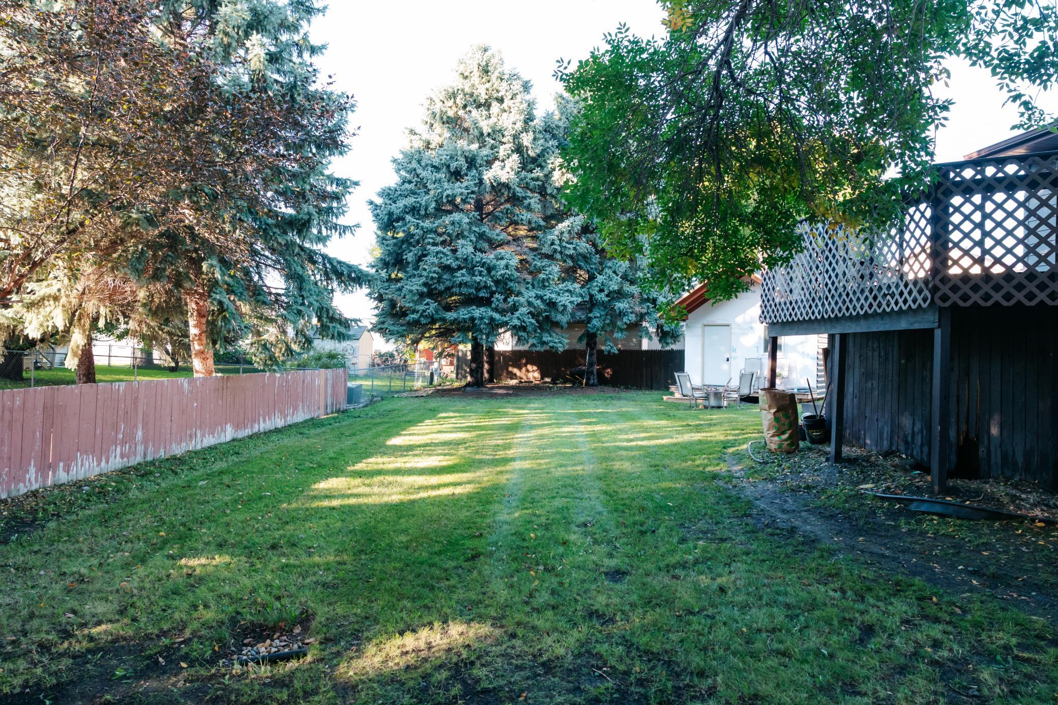 Shaded backyard with a broad lawn, mature trees, a wooden fence, and a raised deck.