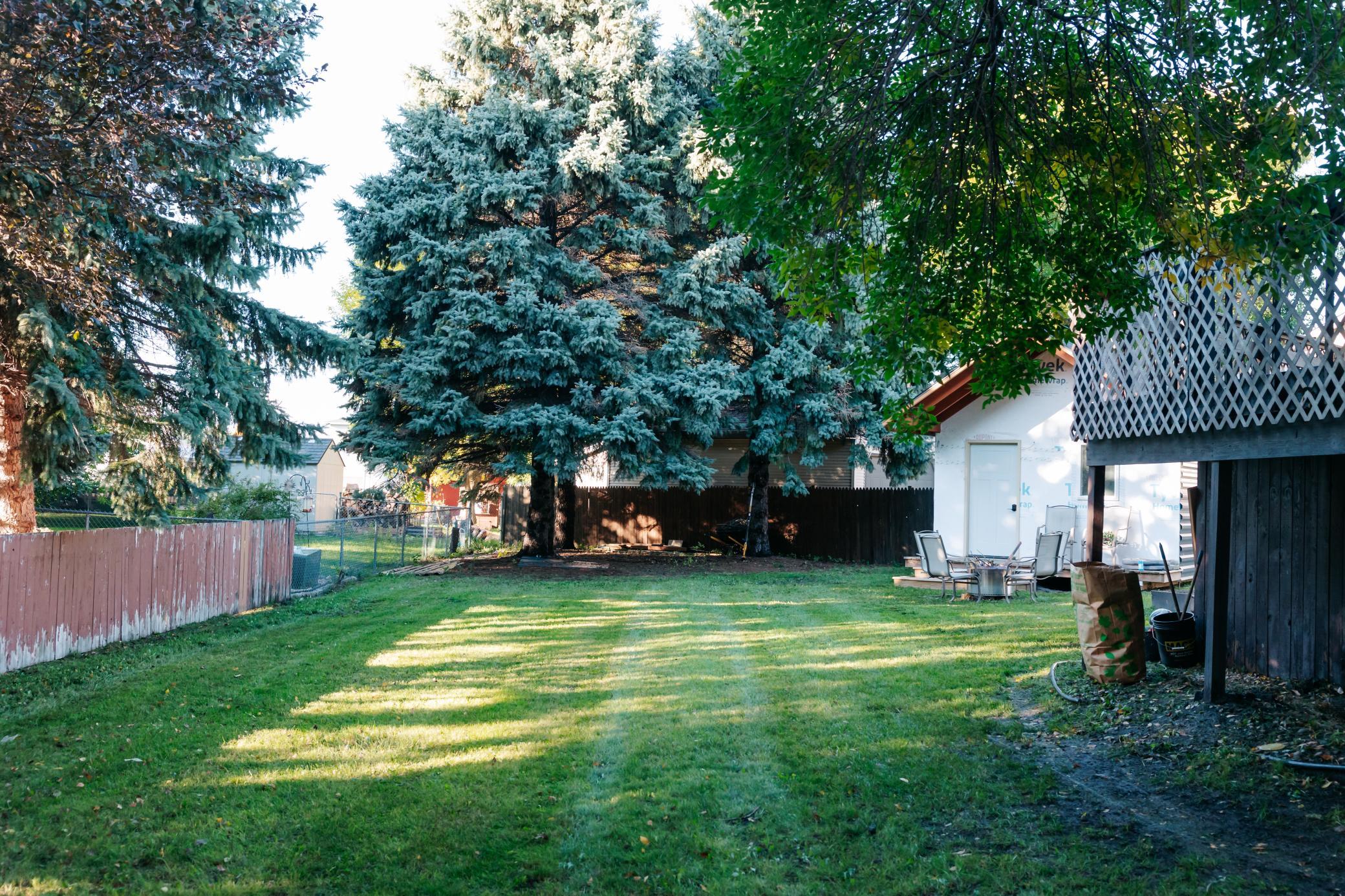 Grassy backyard shaded by mature trees, with patio seating and a raised lattice-sided deck.