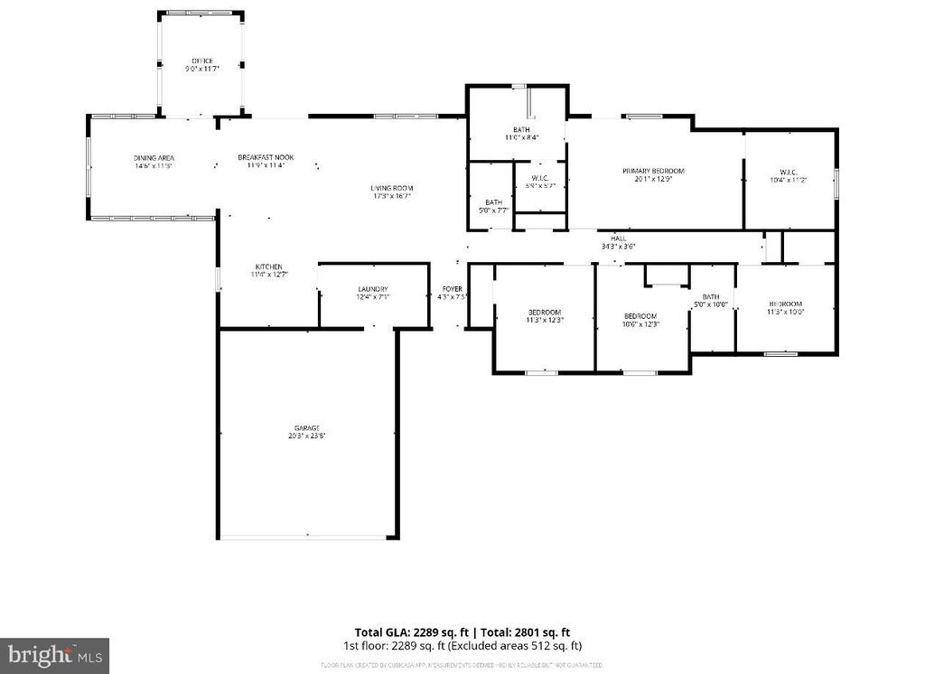 Floor plan showing a four-bedroom home, office, garage, room dimensions, and total square footage.