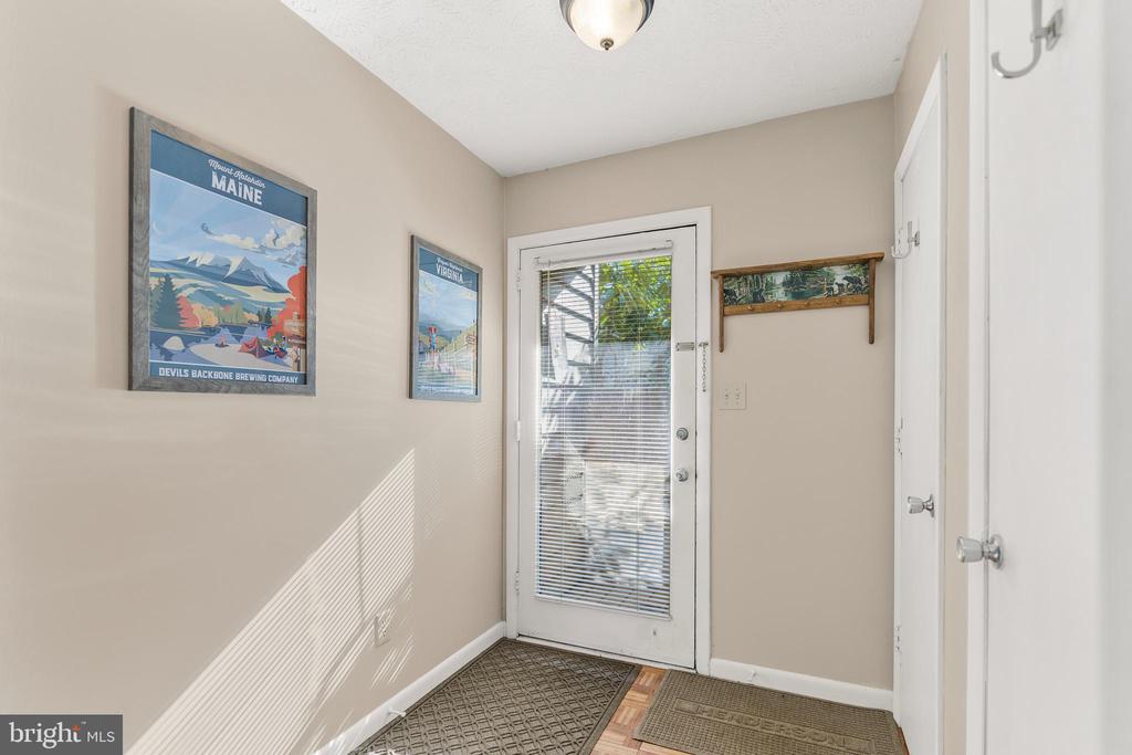Entryway with a glass door, framed travel posters, wall hooks, and patterned doormats.