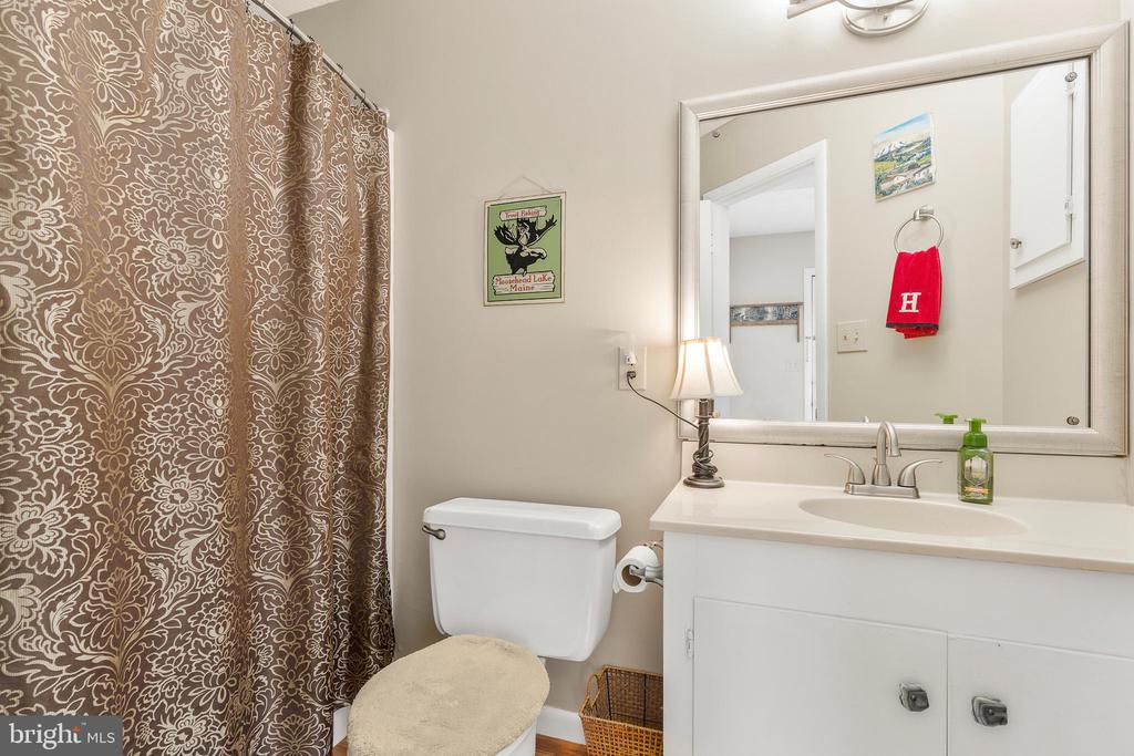 Bathroom with a white vanity, large mirror, toilet, and brown floral shower curtain.