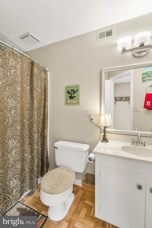 Bathroom with a white vanity, large mirror, toilet, and patterned shower curtain.