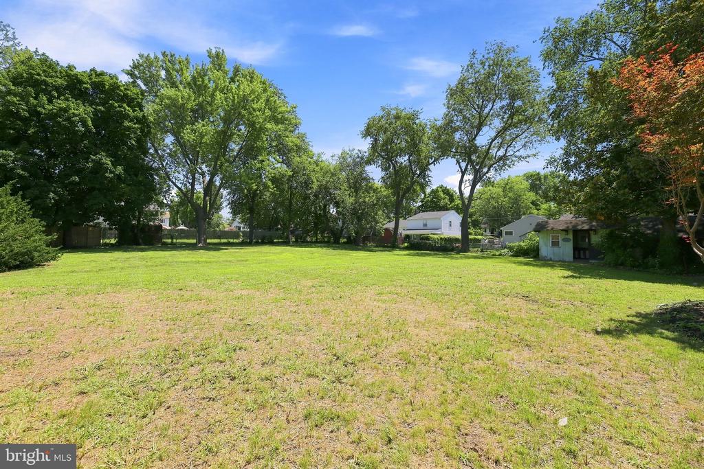Large grassy yard bordered by mature trees, with a small shed and neighboring homes in the distance.