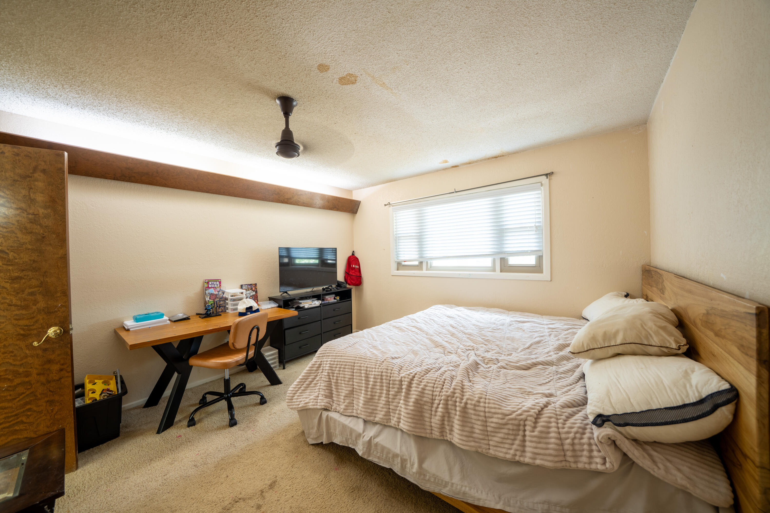 Bedroom with a large bed, desk, TV, and daylight through a window with blinds.
