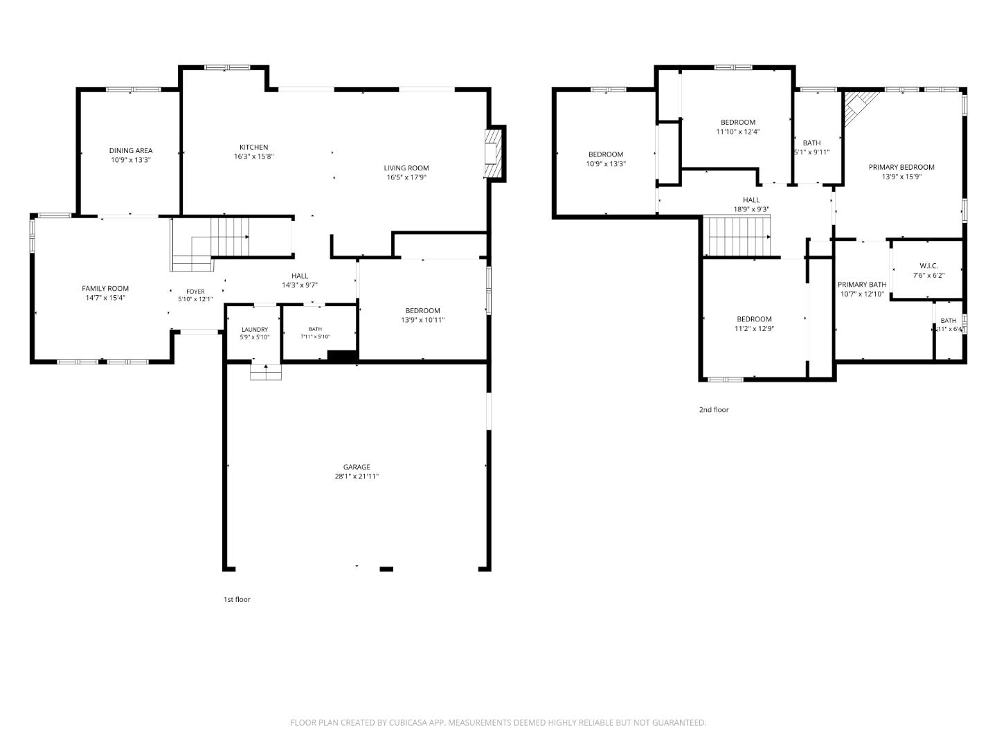 Two-story floor plan showing living areas, garage, five bedrooms, and bathrooms.