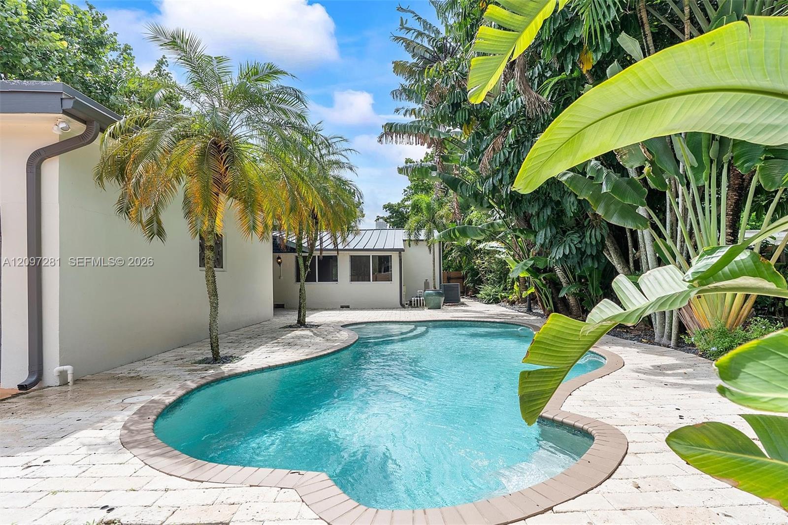 Curved backyard pool beside a light-colored home, surrounded by palms and tropical plants.