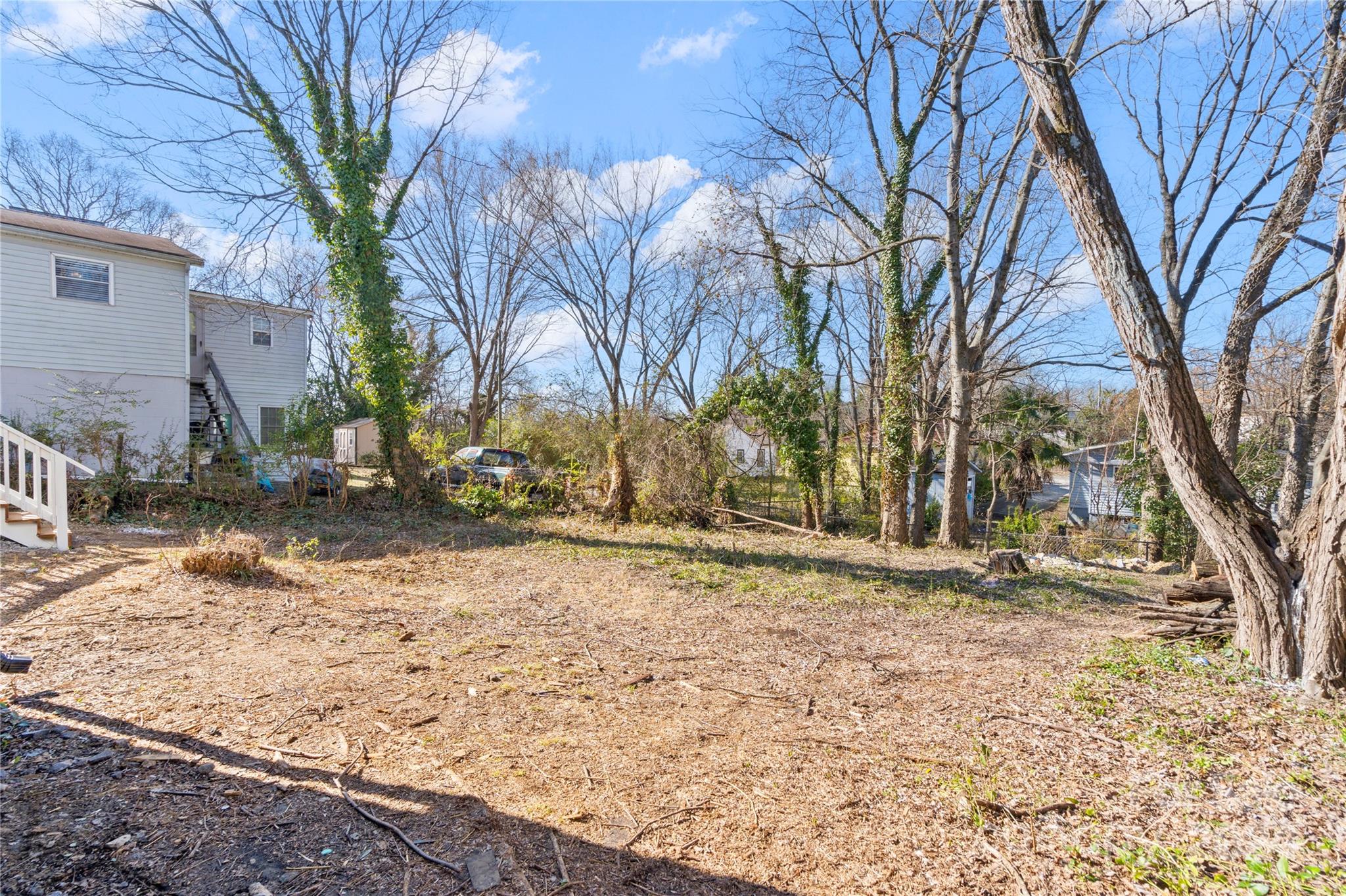 Wooded backyard with mature leafless trees and part of a light-sided house at left.