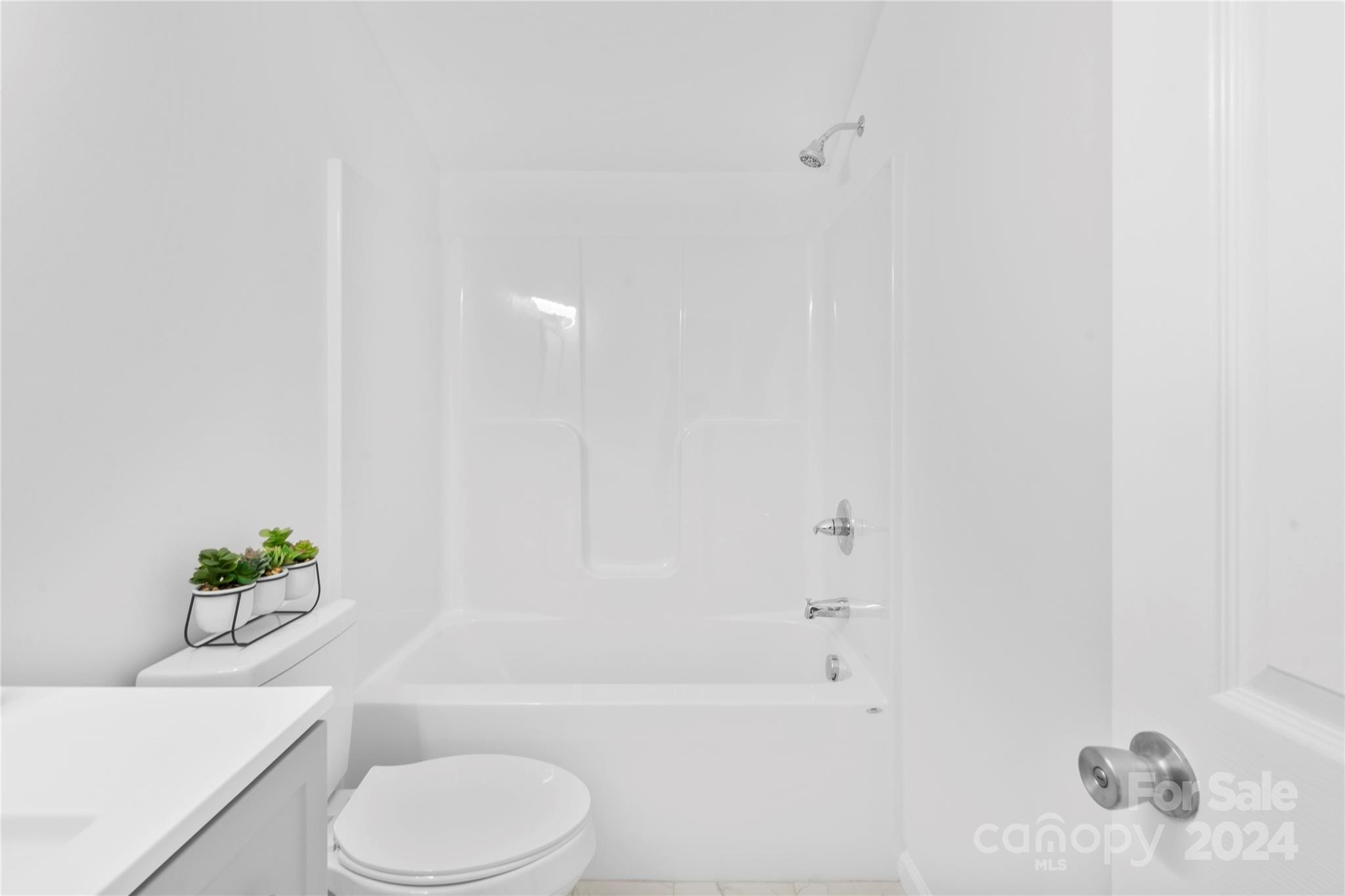White bathroom with a tub-shower, toilet, vanity, and small potted succulents.