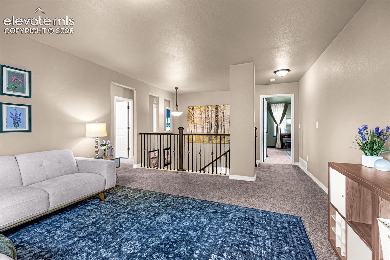 Upstairs sitting area with gray sofa, blue patterned rug, and black metal railing around the stairwell.