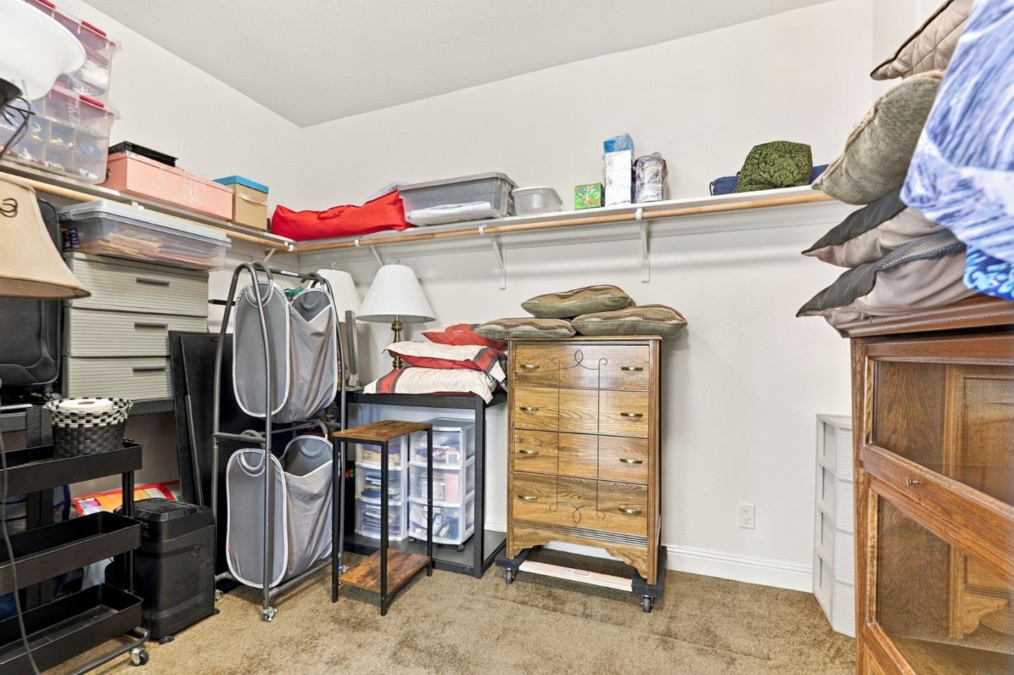Walk-in closet with wall shelves, storage bins, dressers, and beige carpet.