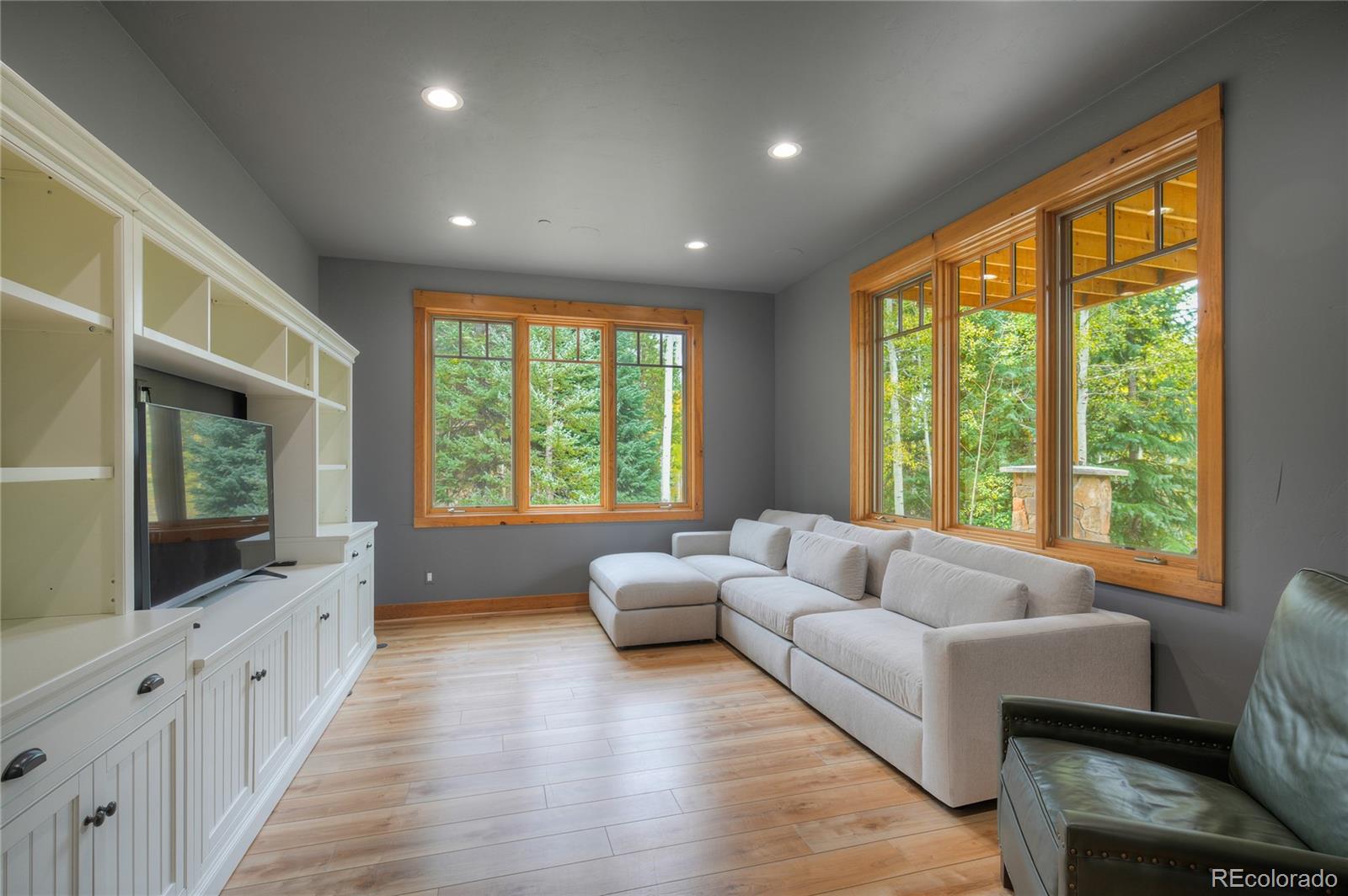 Living room with built-in media cabinetry, a sectional sofa, and large wood-trimmed windows overlooking trees.