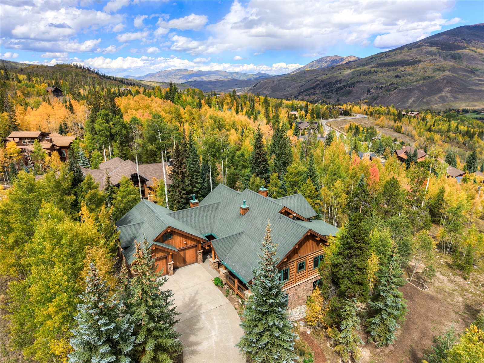Aerial view of a log-style mountain home amid autumn trees, with a mountain valley beyond.