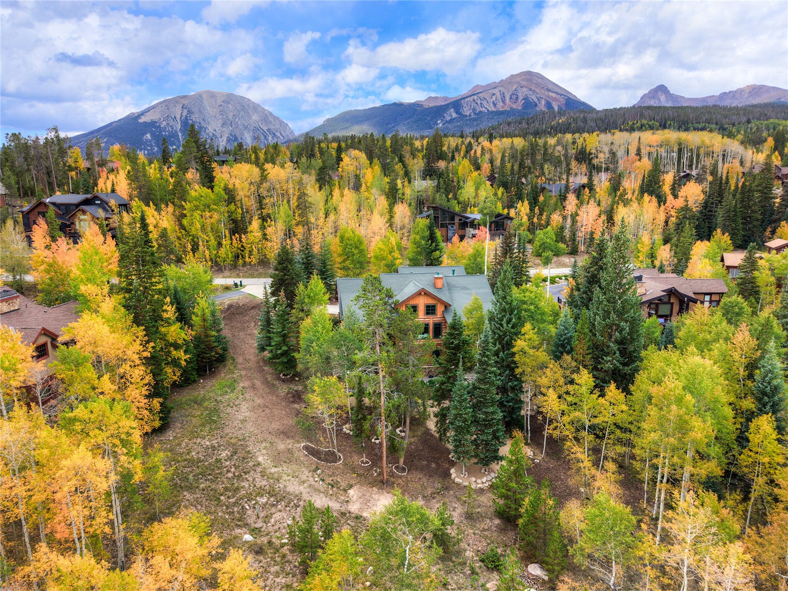 Aerial view of mountain homes among golden autumn aspens, with rugged peaks beyond.
