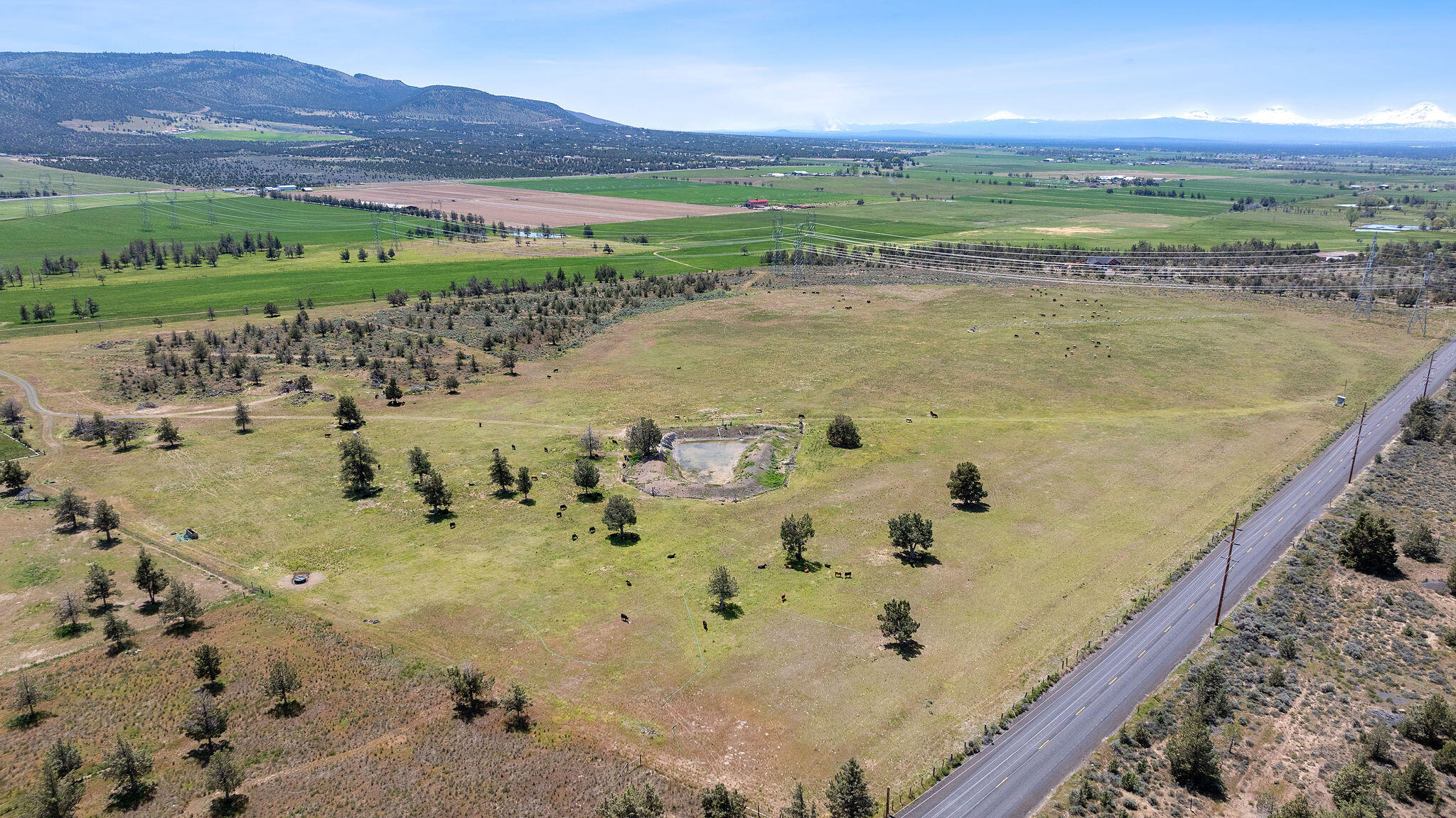 Aerial ranch pasture with grazing cattle, a pond, highway, and distant snow-capped mountains.