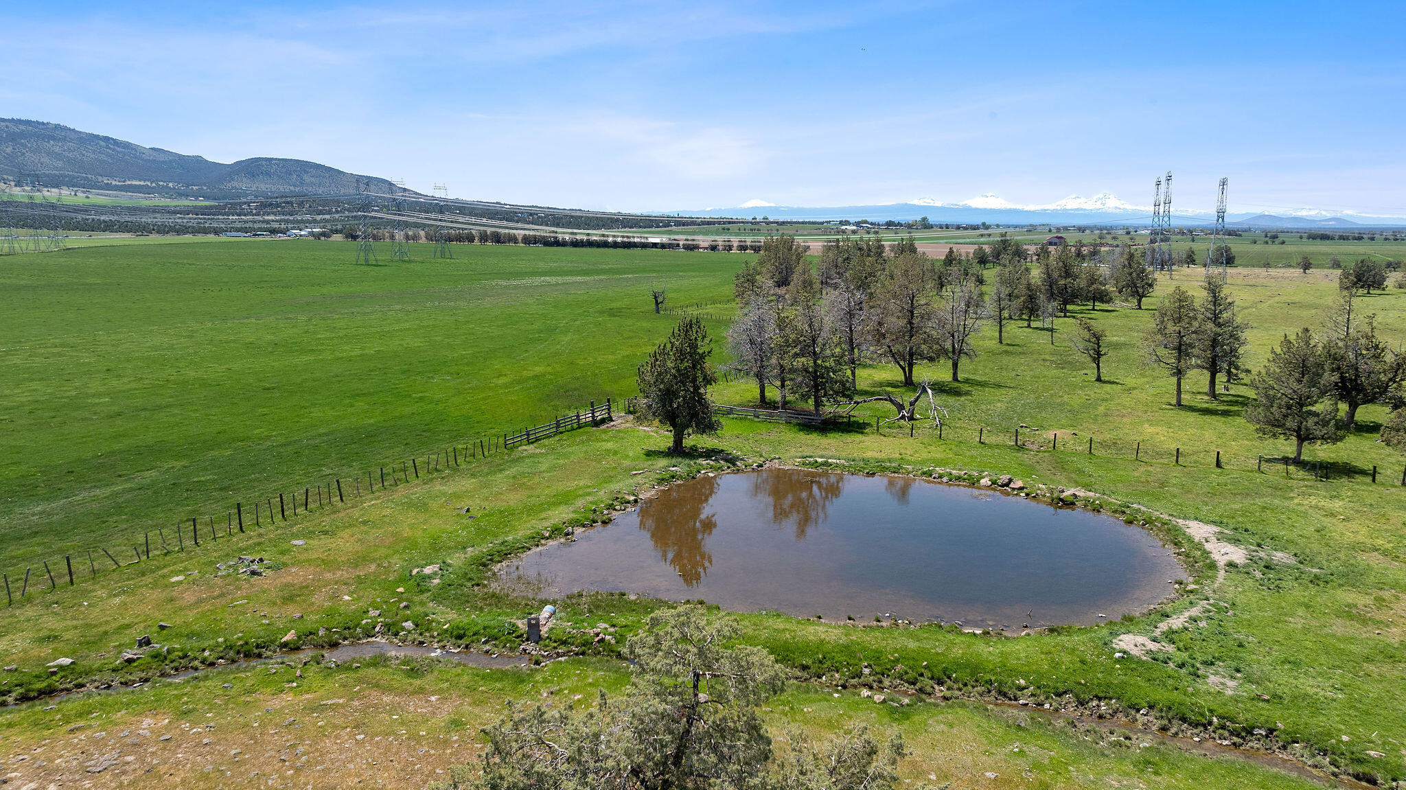 Aerial view of green ranch pasture with a pond, scattered trees, and snow-capped mountains in the distance.