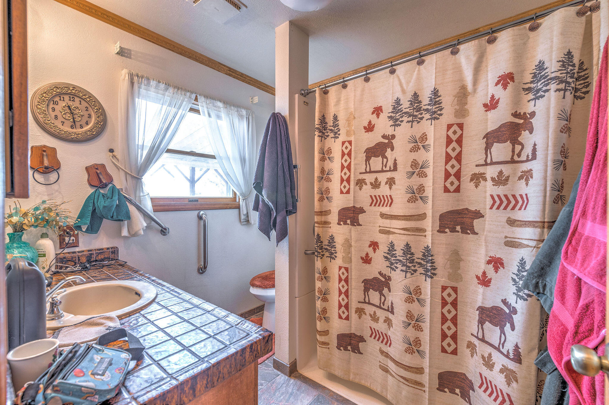 Bathroom with a wildlife-patterned shower curtain, tiled vanity, window, and grab bars.